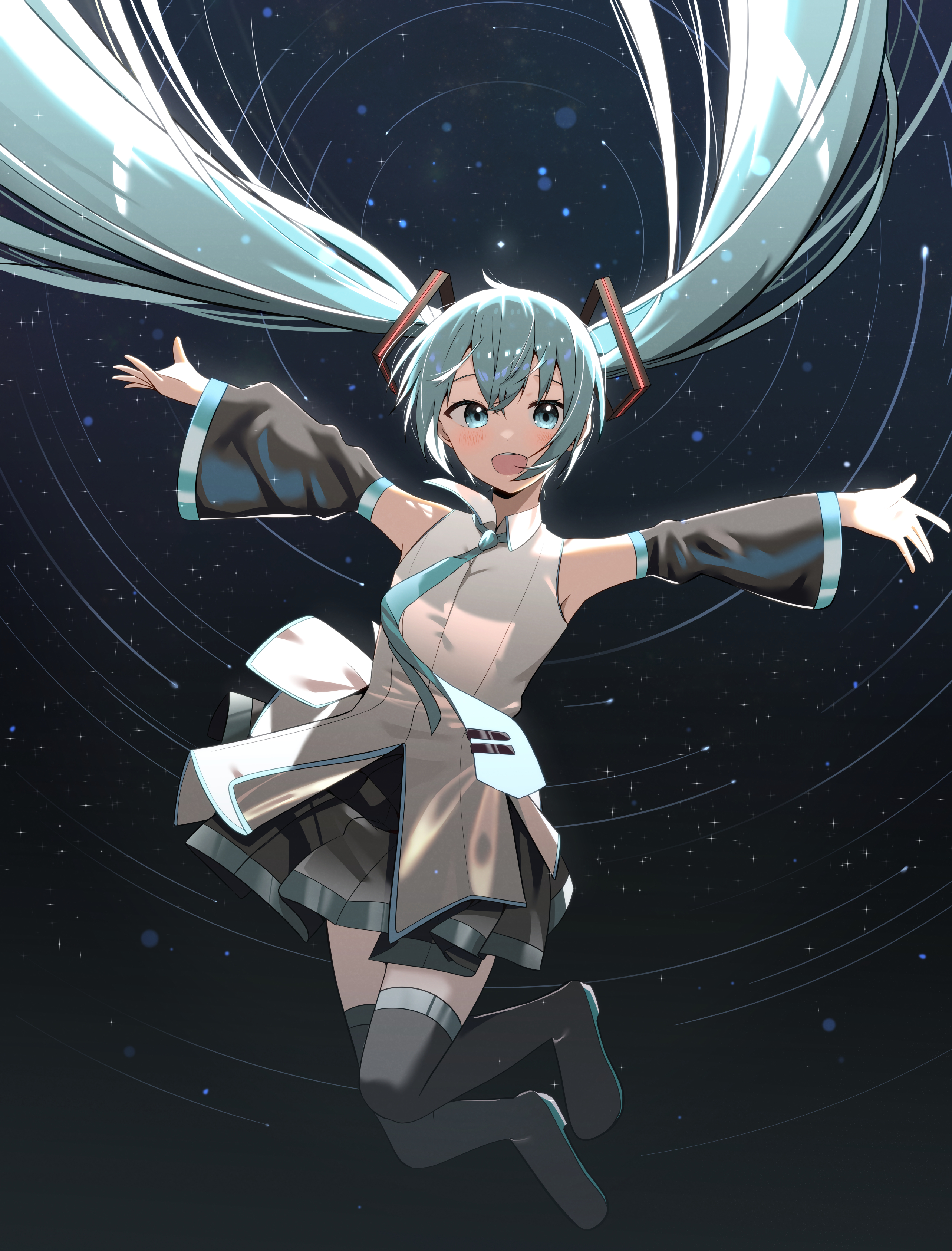 cac itinose, hatsune miku, vocaloid, absurdres, highres, 1girl, :d, black boots, black skirt, black sleeves, blue eyes, blue hair, blue necktie, blush, boots, collared shirt, detached sleeves, dress shirt, floating hair, full body, hair between eyes, long hair, long sleeves, looking at viewer, necktie, open mouth, outstretched arms, pleated skirt, shirt, skirt, sleeveless, sleeveless shirt, smile, solo, spread arms, thigh boots, tie clip, twintails, very long hair, white shirt, wide sleeves