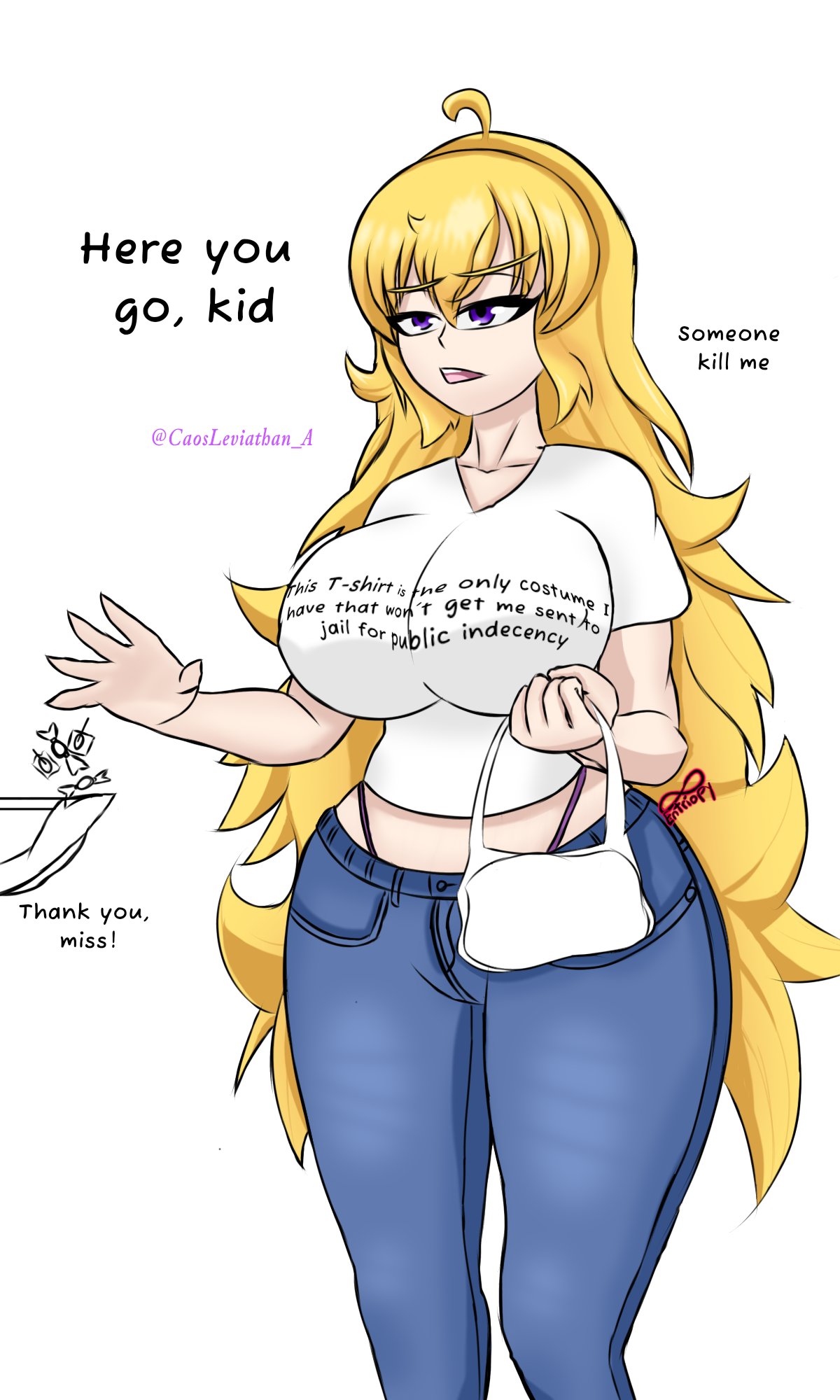 yang xiao long, rwby, highres, 1boy, 1girl, artist name, bag, blonde hair, bored, breasts, candy, denim, english text, food, half-closed eyes, huge breasts, jeans, long hair, midriff, pants, purple eyes, shirt, thong, very long hair, whale tail (clothing)