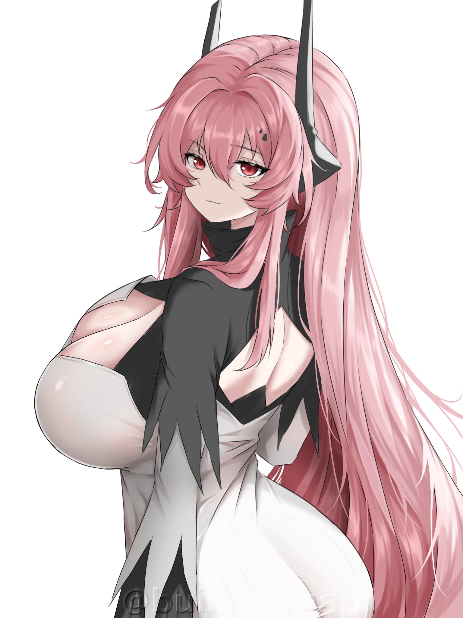phap2000, theresa (arknights), arknights, commentary, highres, symbol-only commentary, 1girl, ass, back cutout, black dress, black horns, breasts, cleavage, closed mouth, clothing cutout, dress, hair between eyes, horns, light smile, long hair, long sleeves, pink eyes, pink hair, simple background, solo, twitter username, watermark, white background, white dress