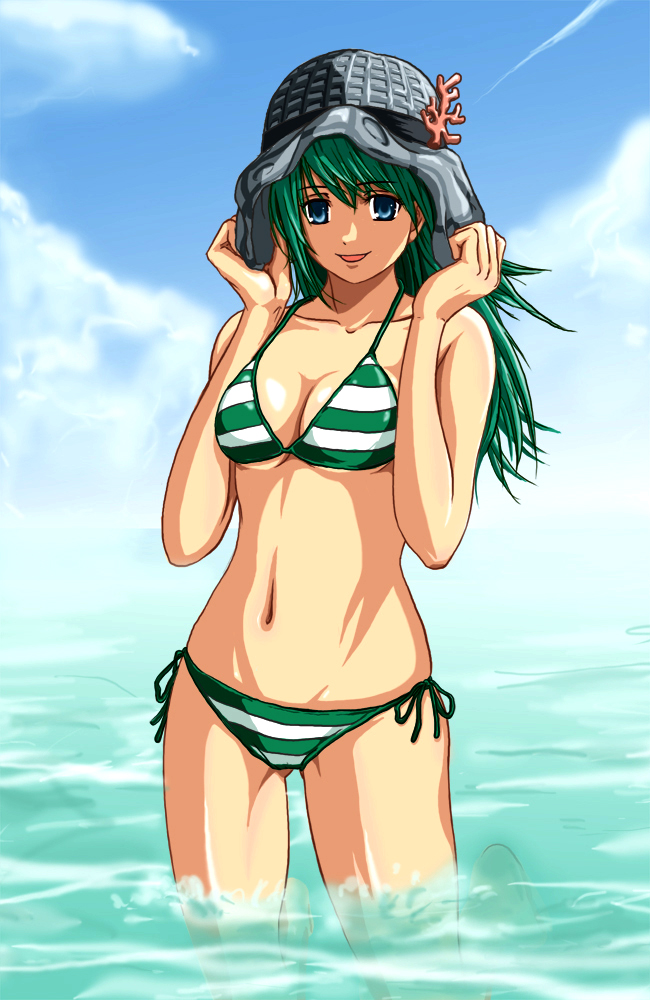 no10, okinotorishima, original, 1girl, barefoot, bikini, blue eyes, breasts, cleavage, cloud, day, female focus, green hair, halterneck, hat, hat tug, island, kneeling, large breasts, long hair, navel, outdoors, personification, side-tie bikini bottom, sky, smile, solo, string bikini, striped bikini, striped clothes, submerged, swimsuit, wading, water