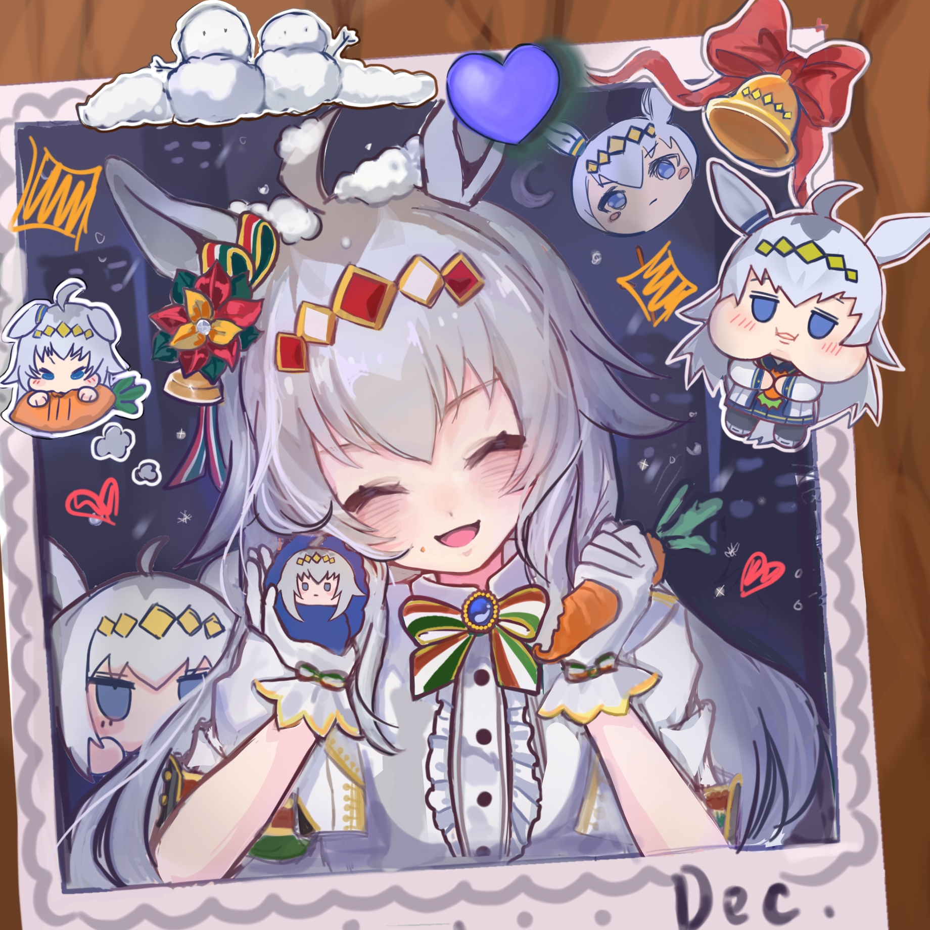 oguri cap (umamusume), umamusume, commentary request, highres, 1girl, ahoge, animal ears, bell, blush, bow, bowtie, carrot, center frills, character doll, closed eyes, doll, facing viewer, frills, gloves, grey hair, hair ornament, heart, holding, holding carrot, holding doll, horse ears, horse girl, jacket, kk (pixiv 83235599), long hair, multicolored bow, multicolored bowtie, multicolored ribbon, official alternate costume, oguri cap (ashen miracle) (umamusume), open mouth, photo (object), red bow, ribbon, shirt, short sleeves, smile, snow, snow on head, snowman, white gloves, white jacket, white shirt
