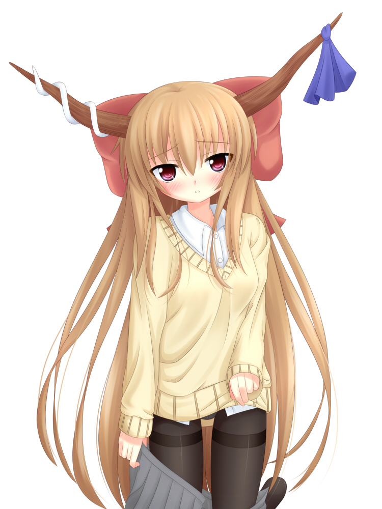 yoye (pastel white), ibuki suika, touhou, blush, brown hair, female focus, flat chest, horns, loli, long hair, long sleeves, pantyhose, red eyes, skirt, sleeves past wrists, solo