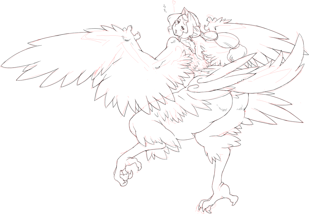 nezunezu, ass, blush, harpy, looking back, monster girl, nude, plump, ponytail, simple background, sketch, smile, talons, wings