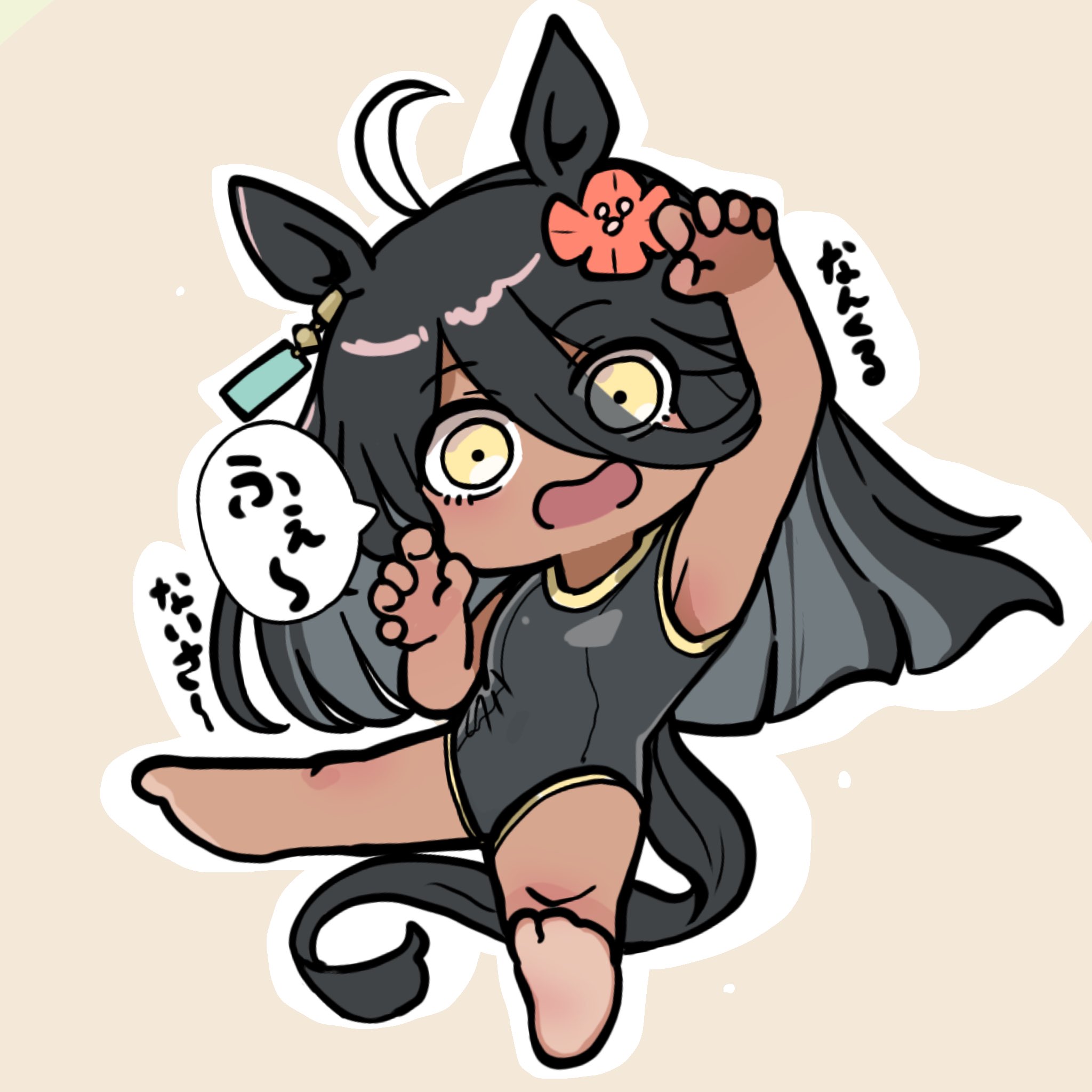 kawamochi (kawauti919), manhattan cafe (umamusume), umamusume, commentary request, highres, translation request, 1girl, animal ears, arm up, armpits, bare arms, bare legs, bare shoulders, barefoot, black hair, black one-piece swimsuit, brown background, brown eyes, chibi, flower, full body, hair between eyes, hair flower, hair ornament, horse ears, horse girl, horse tail, long hair, multicolored hair, one-piece swimsuit, open mouth, outline, red flower, soles, solo, spread legs, swimsuit, tail, tan, two-tone hair, very long hair, white hair, white outline