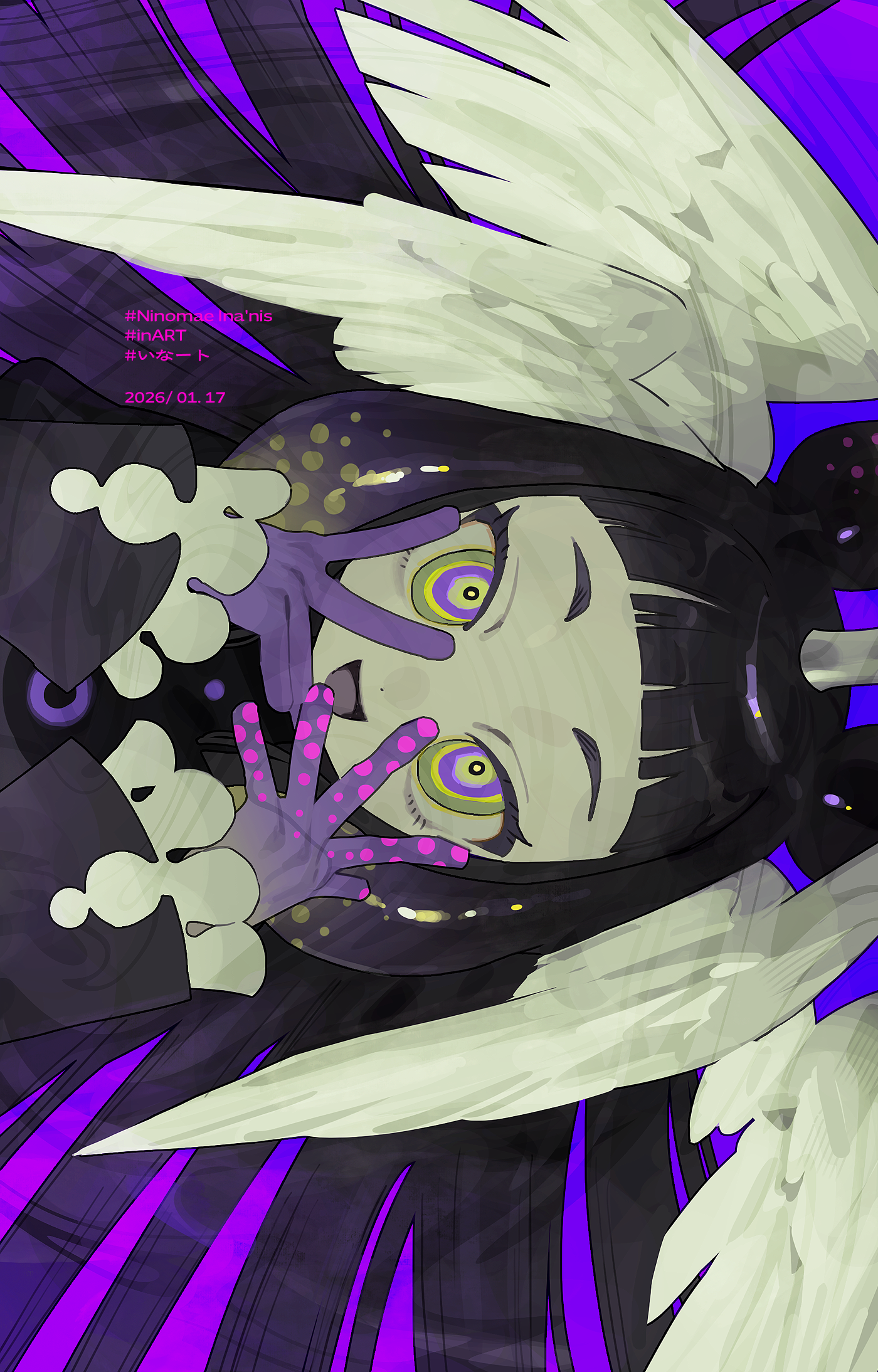 mumukyabi, ninomae ina'nis, hololive, hololive english, commentary, english commentary, highres, rotated, 1girl, black hair, blue background, character name, dated, gradient background, head wings, long hair, long sleeves, looking at viewer, multicolored eyes, open mouth, pink background, purple eyes, smile, solo, tako takover (ninomae ina'nis), tentacle hair, thick eyebrows, two-tone eyes, upper body, very long hair, virtual youtuber, wings, yellow eyes