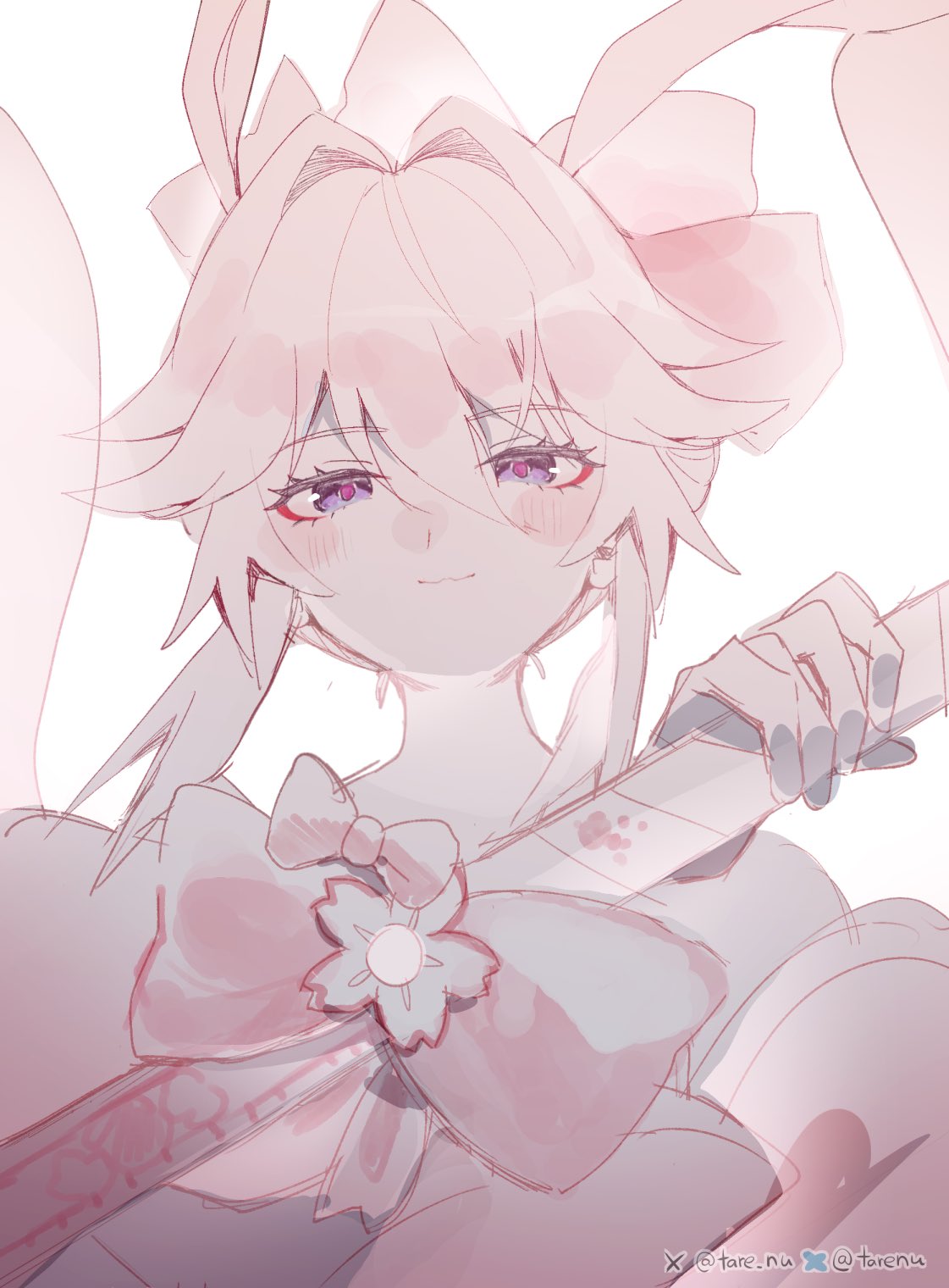 tare (tonikaku magaru), evanescia (honkai: star rail), honkai: star rail, honkai (series), commentary request, highres, 1girl, :3, animal ears, bow, eyeliner, floral print, hair between eyes, hair intakes, holding, holding sword, holding weapon, katana, makeup, partially colored, pink hair, purple eyes, red eyeliner, red pupils, sidelocks, sword, twitter username, weapon