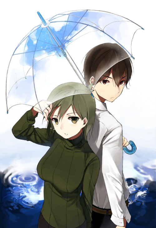 sasamori tomoe, bad id, bad pixiv id, brown eyes, brown hair, green eyes, green hair, holding, holding umbrella, rain, ripples, shirt, short hair, sweater, umbrella, water