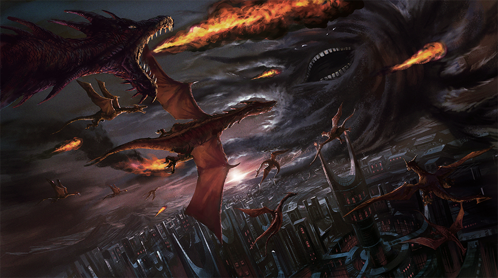 noba, jack gale, pixiv fantasia, pixiv fantasia 4, aerial battle, battle, city, cityscape, cloud, dragon, dutch angle, fire, fireball, grand scale, monster, mountain, no humans, scenery, sky, sun, tail, teeth, tower, war, wings
