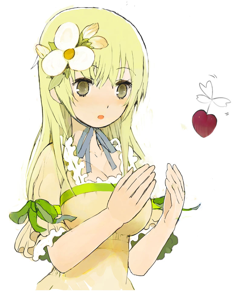 okama, original, 1girl, blonde hair, breasts, female focus, flower, grey eyes, heart, ribbon, solo