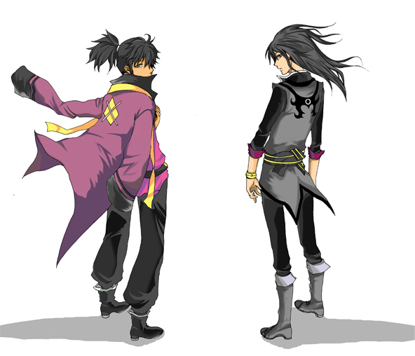 raven (tales), yuri lowell, tales of (series), tales of vesperia, grey footwear, bad id, bad pixiv id, 00s, 2boys, black eyes, black hair, boots, bracelet, jewelry, knee boots, long hair, looking back, male focus, multiple boys, ponytail, white background