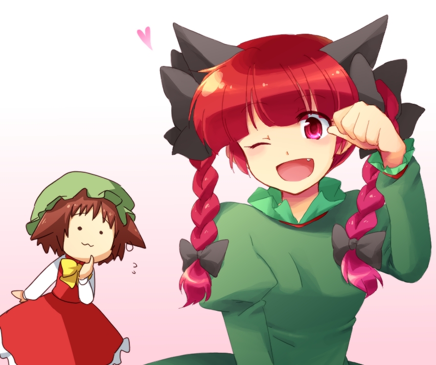 hanjuku tomato, chen, kaenbyou rin, touhou, 2girls, animal ears, blunt bangs, braid, cat ears, cat girl, dress, fang, female focus, gradient background, hat, multiple girls, nyoro~n, one eye closed, paw pose, ribbon, twin braids, upper body, white background, wink
