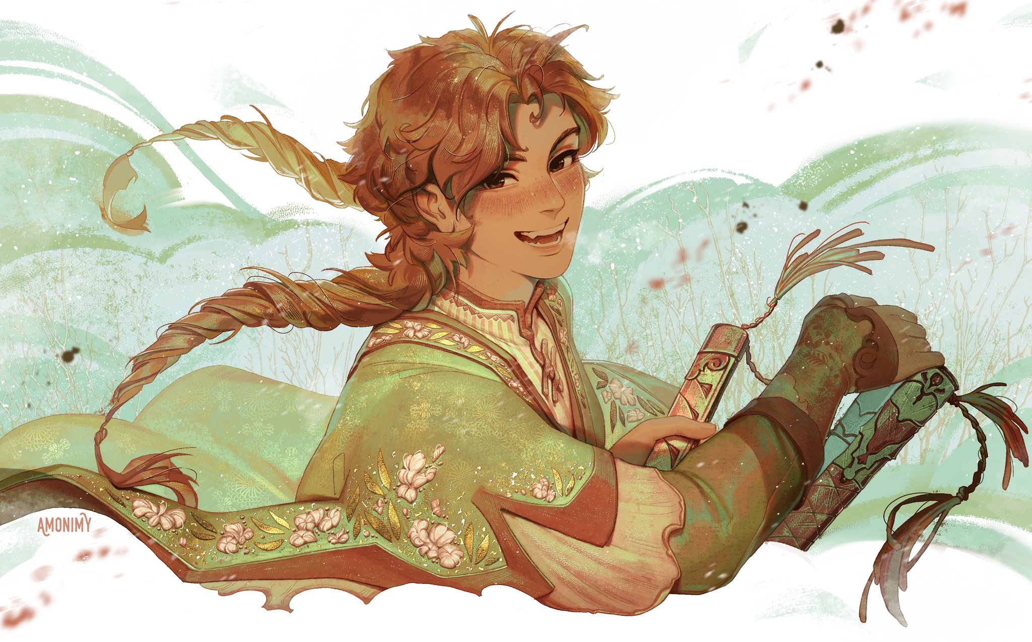 amonimy, original, highres, 1girl, braid, brown eyes, fingerless gloves, floral print, flower, gloves, green background, green clouds, green shirt, holding, holding sheath, layered sleeves, leaf, leaf print, long hair, long sleeves, looking at viewer, open mouth, orange hair, orange shirt, orange trim, pink flower, print shirt, scabbard, sheath, shirt, short over long sleeves, short sleeves, smile, solo, striped clothes, striped shirt, twin braids