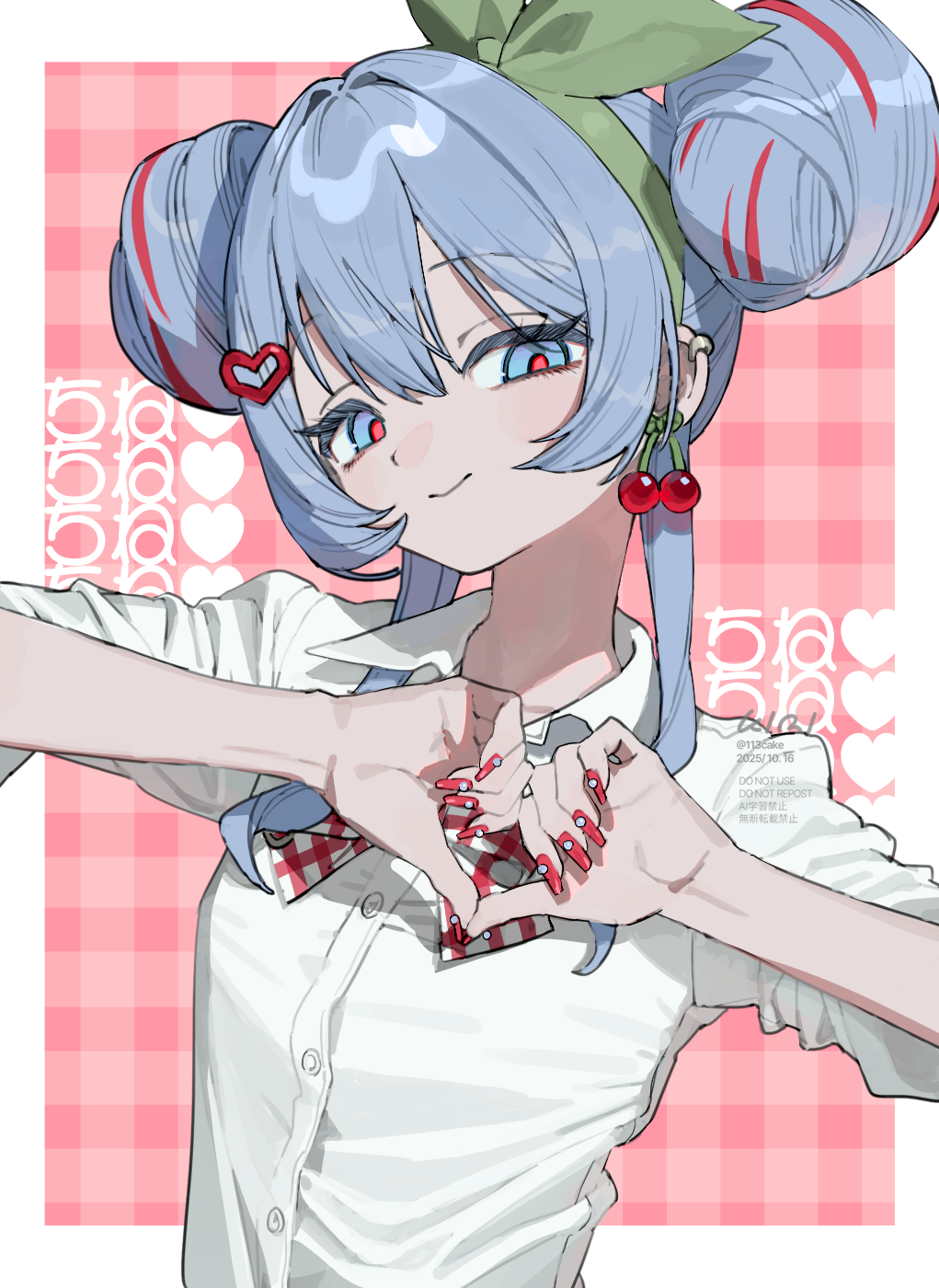 mumukyabi, hatsune miku, cherry pop (vocaloid), vocaloid, commentary, highres, symbol-only commentary, 1girl, blue eyes, blue hair, border, bow, cherry earrings, collared shirt, double bun, earrings, fake nails, food-themed earrings, food themed earrings, green bow, hair bow, hair bun, hair ornament, head tilt, heart, heart hair ornament, heart hands, jewelry, looking at viewer, multicolored hair, pink background, plaid background, red hair, red nails, red pupils, shirt, sidelocks, sleeves rolled up, smile, solo, streaked hair, thumbs down, thumbs down heart hands, upper body, white border, white shirt
