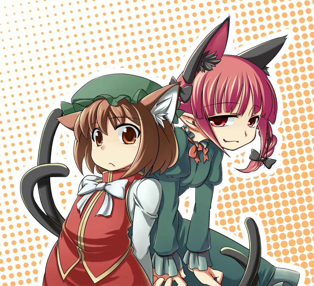 kingumokemoke, chen, kaenbyou rin, touhou, 2girls, animal ears, braid, brown eyes, brown hair, cat ears, cat girl, cat tail, dress, extra ears, female focus, hair ribbon, halftone, halftone background, hat, multiple girls, multiple tails, red eyes, red hair, ribbon, short hair, skirt, tail, twin braids, twintails, white background
