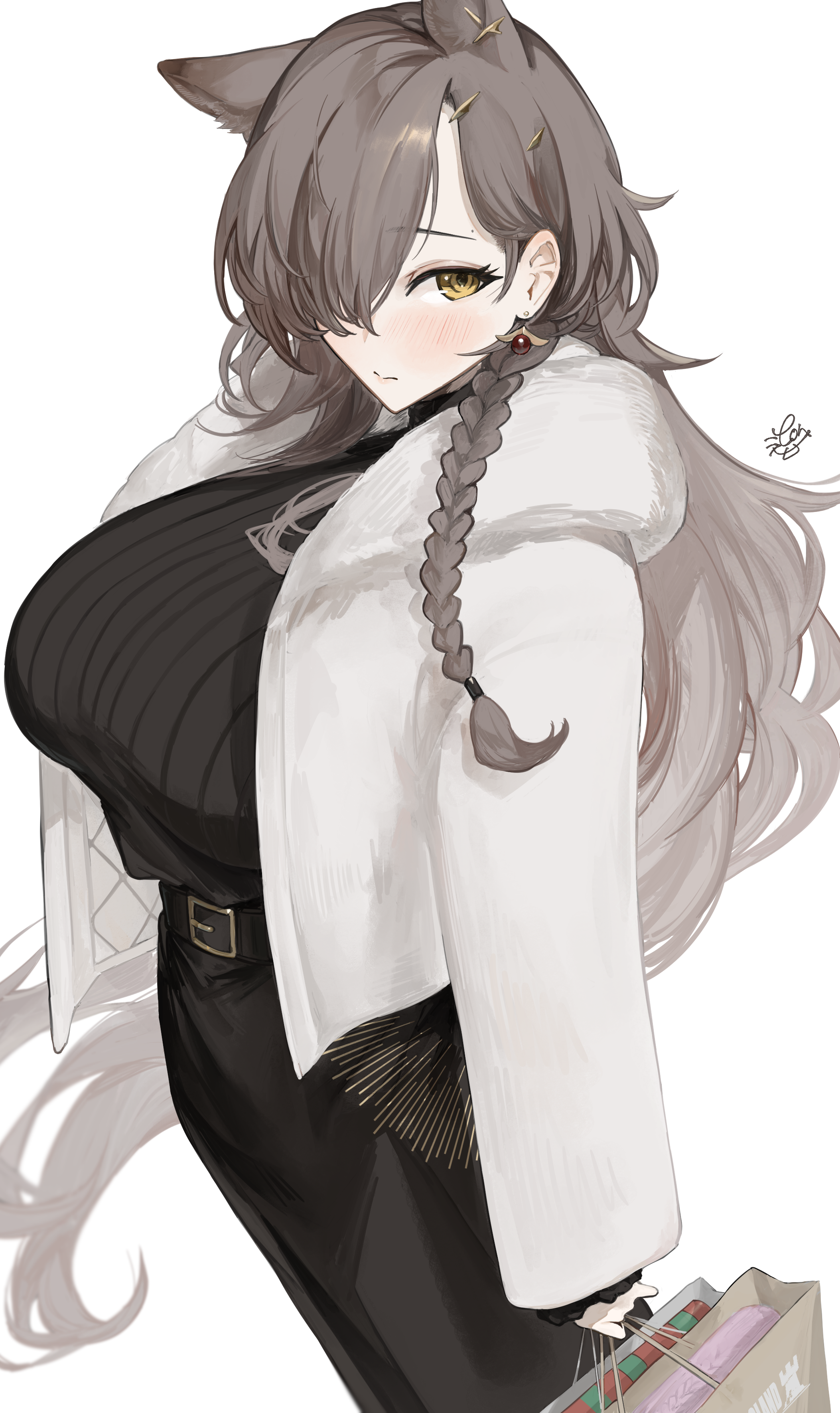 kajuu, penance (arknights), penance (occasionally flushed) (arknights), arknights, absurdres, commentary, highres, 1girl, animal ears, bag, belt, belt buckle, black belt, black skirt, black sweater, blush, braid, breasts, brown hair, buckle, closed mouth, earrings, hair behind ear, hair over one eye, holding, holding bag, jacket, jewelry, large breasts, long hair, looking at viewer, official alternate costume, one eye covered, open clothes, open jacket, paper bag, ribbed sweater, simple background, single sleeve past wrist, skirt, solo, standing, sweater, turtleneck, turtleneck sweater, very long hair, white background, white jacket