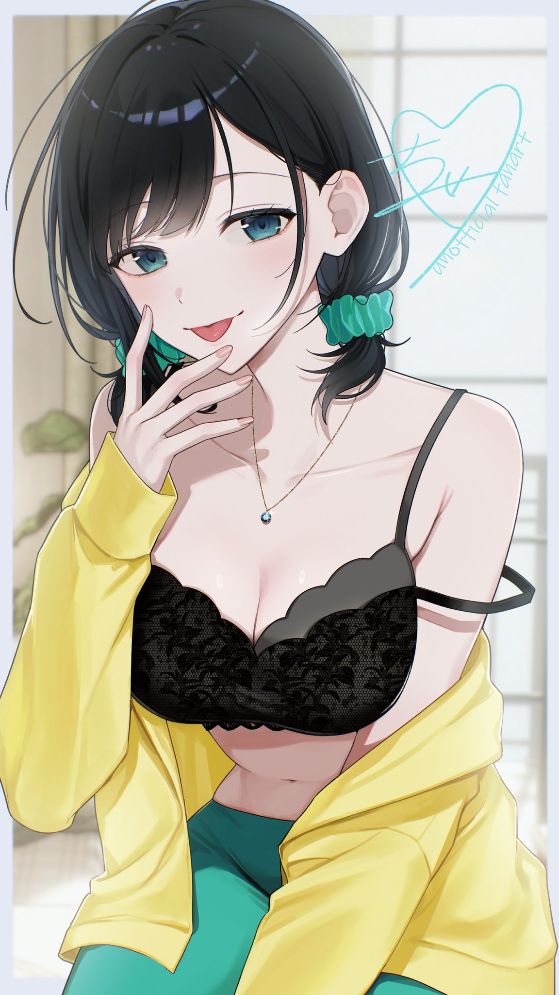 1nose sr, character request, commentary request, copyright request, highres, 1girl, aqua eyes, aqua pants, aqua scrunchie, black bra, black hair, blurry, blurry background, border, bra, breasts, cleavage, closed mouth, cowboy shot, depth of field, fingernails, hair ornament, hair scrunchie, hand up, indoors, jewelry, large breasts, lingerie, long hair, long sleeves, looking at viewer, low-tied long hair, medium hair, necklace, outside border, pants, parted bangs, scrunchie, shirt, shirt partially removed, signature, solo, strap slip, tongue, tongue out, underwear, white border, yellow shirt