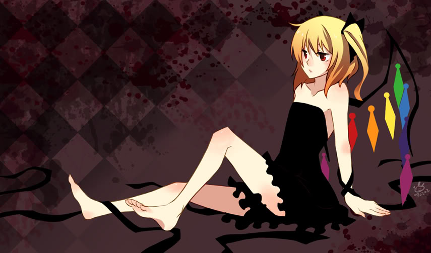 hanabi (artist), amane misa, flandre scarlet, death note, touhou, duplicate, jpeg artifacts, 1girl, alternate costume, arm support, barefoot, blonde hair, cosplay, feet, female focus, red eyes, sitting, soles, solo, toes, wings