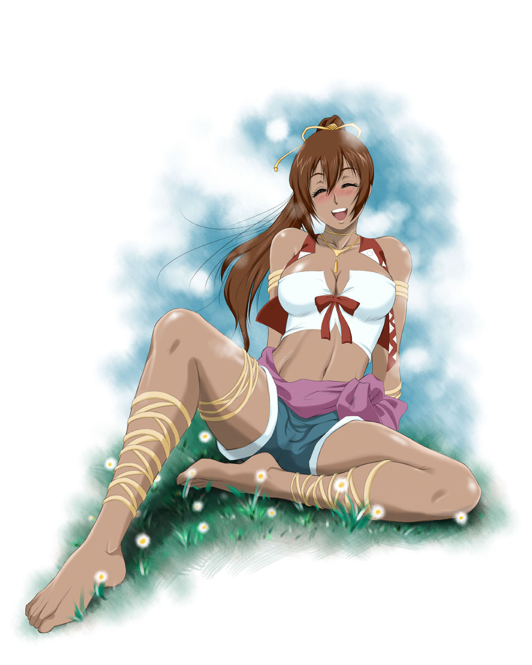sabachiyo land, noloty, noloty malche, tatakau shisho, highres, 00s, 1girl, ankle lace-up, arm support, barefoot, blush, breasts, brown hair, cleavage, closed eyes, dark-skinned female, dark skin, female focus, leaning back, leg ribbon, legs, midriff, navel, ponytail, ribbon, sitting, solo, strapless, thigh ribbon, tube top