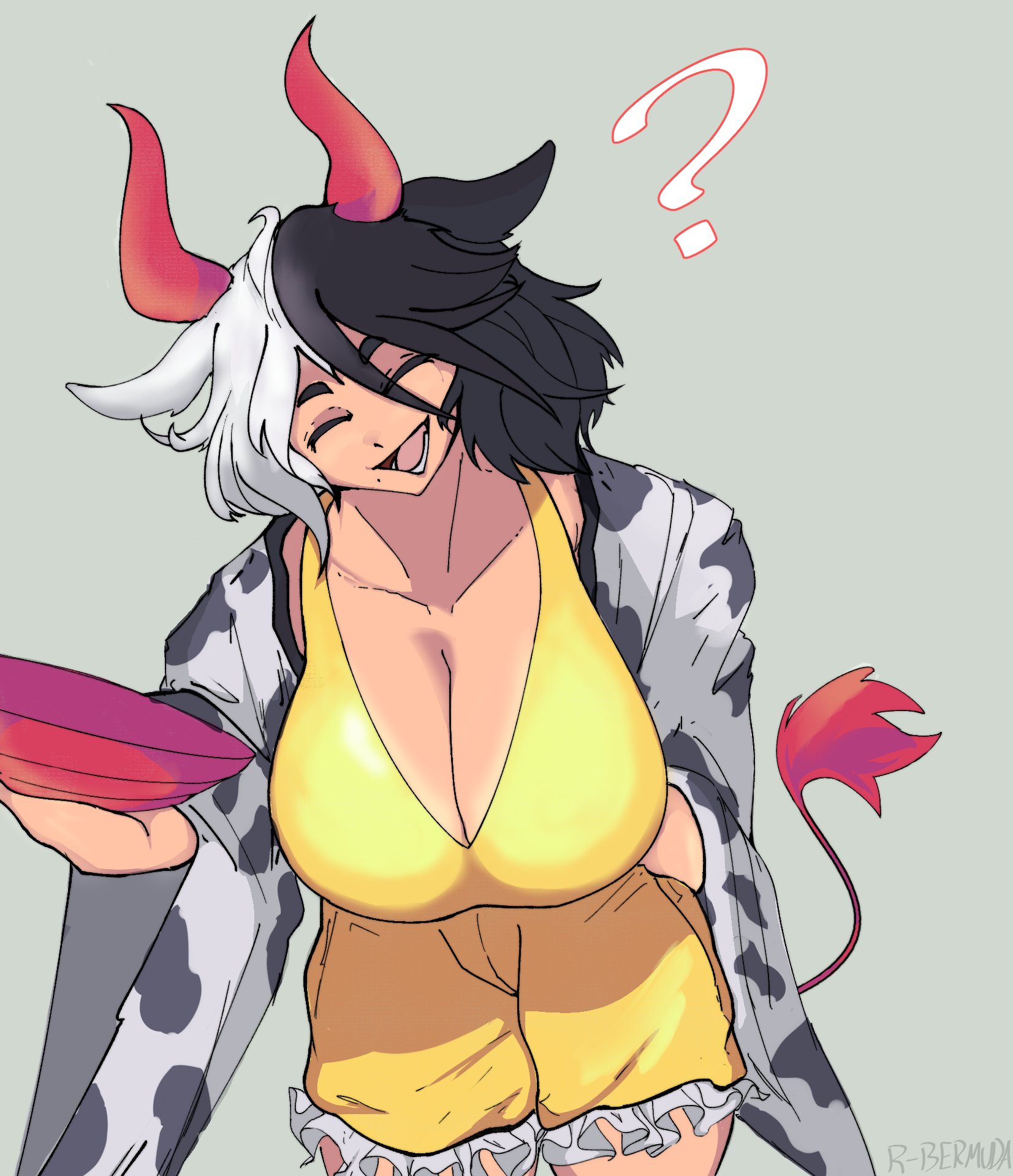 wackapuff, ushizaki urumi, touhou, commentary, english commentary, highres, 1girl, :d, ?, animal print, artist name, black hair, breasts, cleavage, closed eyes, cow girl, cow print, cow tail, cowboy shot, cup, frilled shorts, frills, grey background, haori, holding, holding cup, horns, huge breasts, japanese clothes, mole, mole under mouth, multicolored hair, open mouth, sakazuki, shirt, short hair, shorts, simple background, smile, solo, tail, tan, tanline peek, two-tone hair, white hair, yellow shirt, yellow shorts