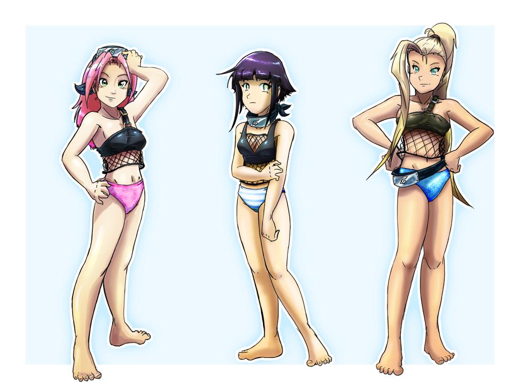 haruno sakura, hyuuga hinata, yamanaka ino, naruto (classic), naruto (series), artist request, 3girls, blue panties, bra, fishnets, lingerie, multiple girls, panties, pink panties, striped clothes, striped panties, underwear