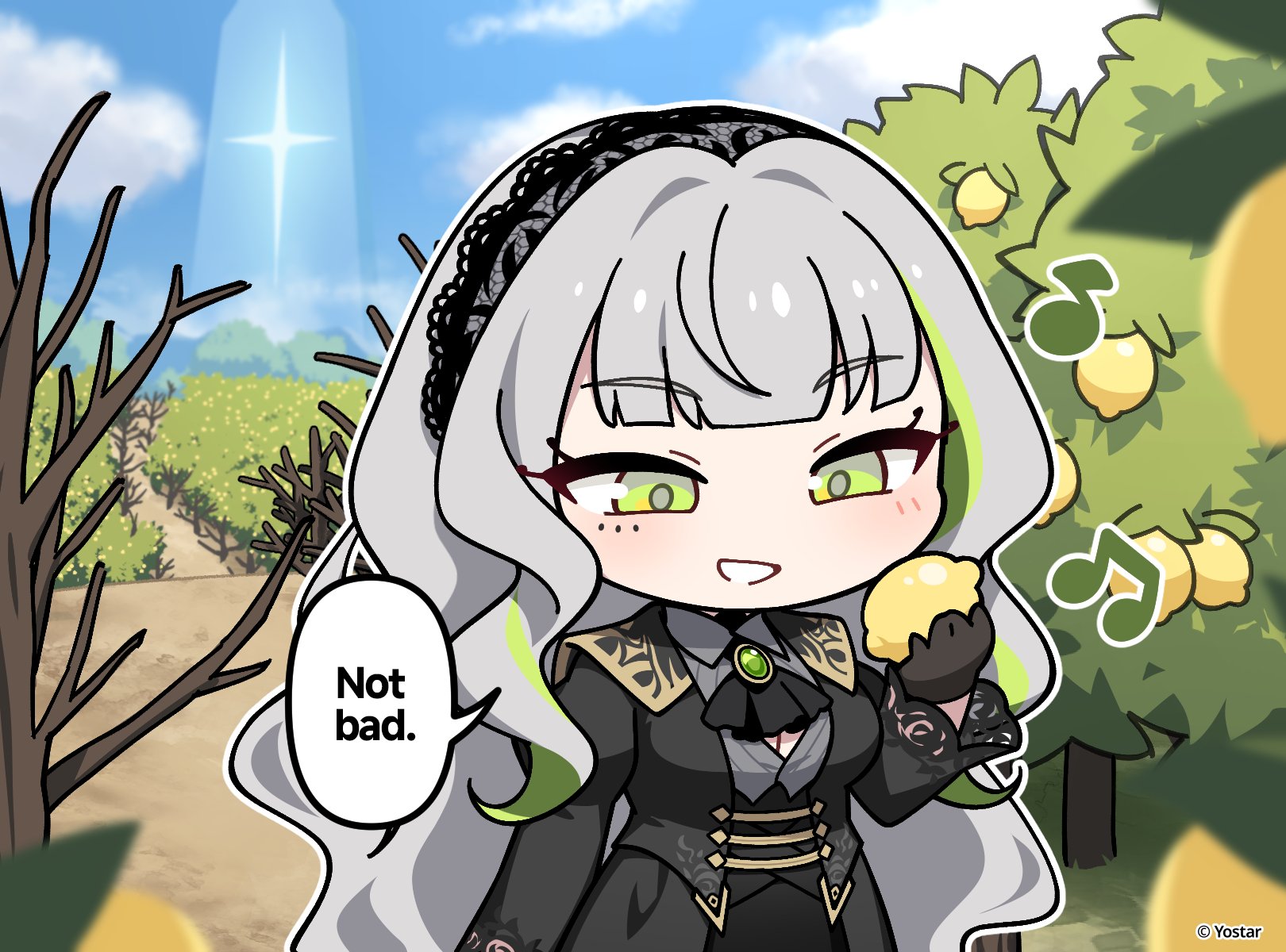 firenze (stella sora), stella sora, commentary, english commentary, highres, official art, 1girl, ascot, black ascot, black hairband, black jacket, black skirt, breasts, cleavage, collared shirt, copyright logo, copyright name, copyright notice, english text, food, fruit, green eyes, green streaks, grey hair, grey shirt, grin, hairband, holding, holding food, holding fruit, jacket, lace hairband, large breasts, lemon, logo, long hair, open clothes, open jacket, shirt, skirt, smile, solo, speech bubble, very long hair, wavy hair