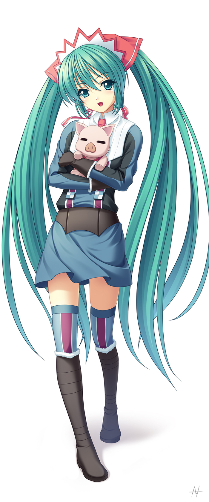 athrun1120, hyunjoong, alicia melchiott, hatsune miku, project diva, project diva (series), senjou no valkyria, senjou no valkyria (series), senjou no valkyria 1, vocaloid, bad id, bad pixiv id, highres, 1girl, alicia melchiott (cosplay), aqua eyes, aqua hair, cosplay, female focus, long hair, military, military uniform, solo, thighhighs, twintails, very long hair