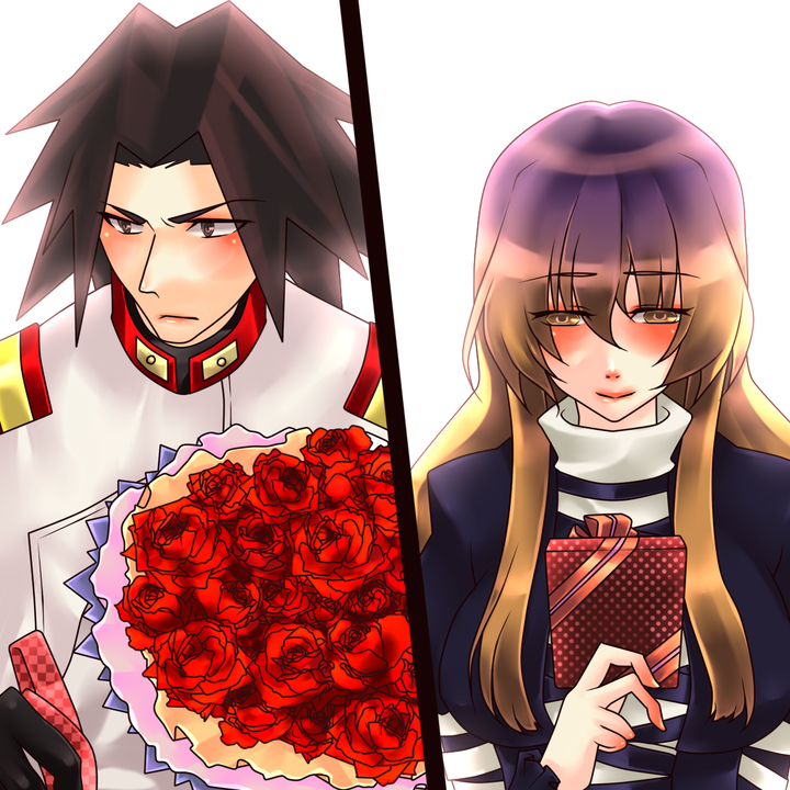 discharge cycle, tobi (discharge cycle), akatsuki (akatsuki en-eins), akatsuki (game), hijiri byakuren, akatsuki blitzkampf, m.u.g.e.n, touhou, 1boy, 1girl, backlighting, blush, bouquet, brown hair, crossover, flower, gift, hetero, holding, holding gift, long hair, multicolored hair, purple hair, rose, yellow eyes