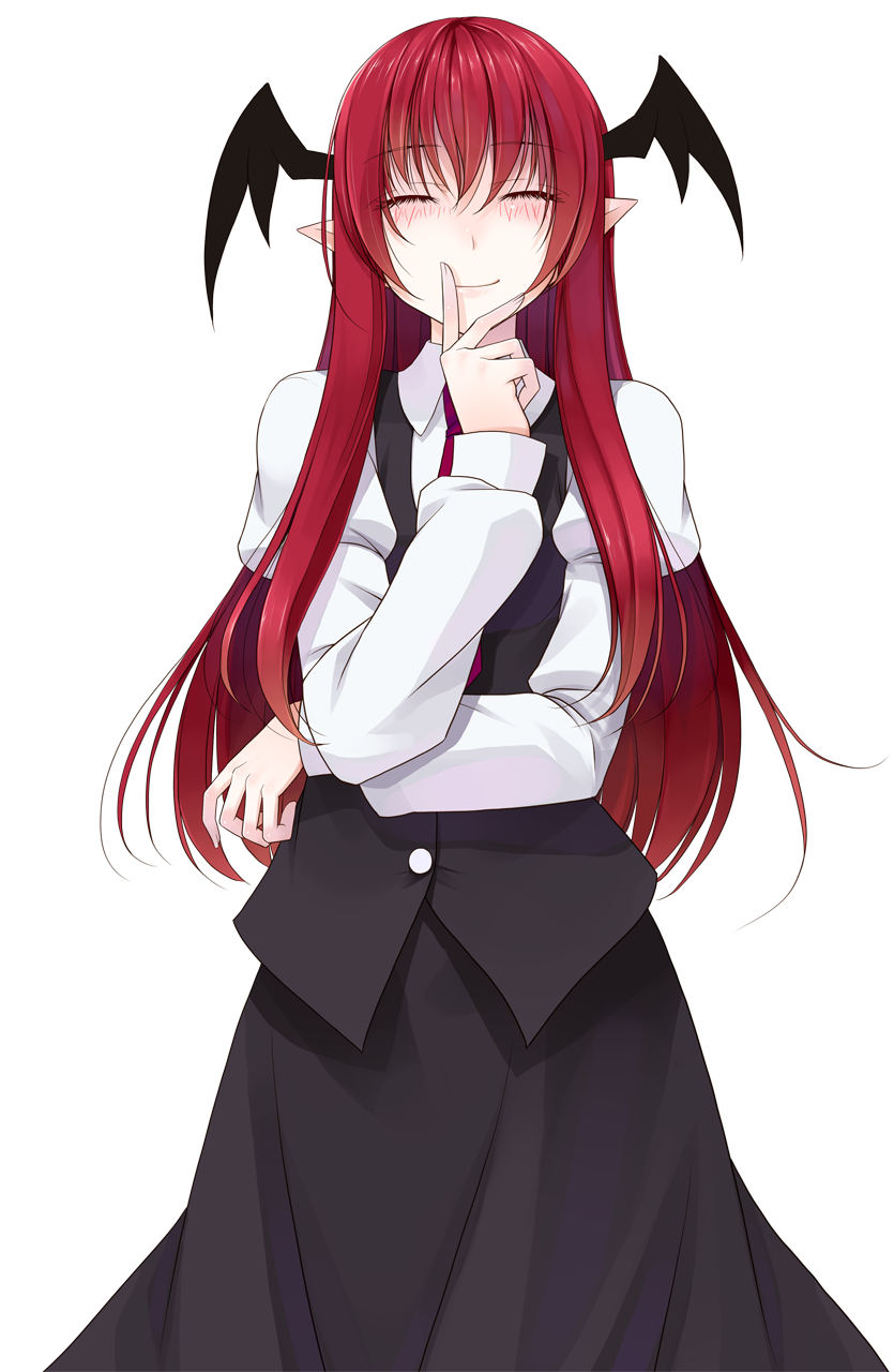 crote, koakuma, touhou, commentary request, highres, large variant set, variant set, 1girl, black skirt, black vest, blush, buttons, closed eyes, closed mouth, collared shirt, cowboy shot, demon wings, facing viewer, hand on own chin, hand on own face, hand to own mouth, hand up, head wings, long hair, long skirt, long sleeves, necktie, pointy ears, red hair, red necktie, shirt, skirt, skirt set, sleeve cuffs, smile, solo, tachi-e, transparent background, vest, white shirt, wings