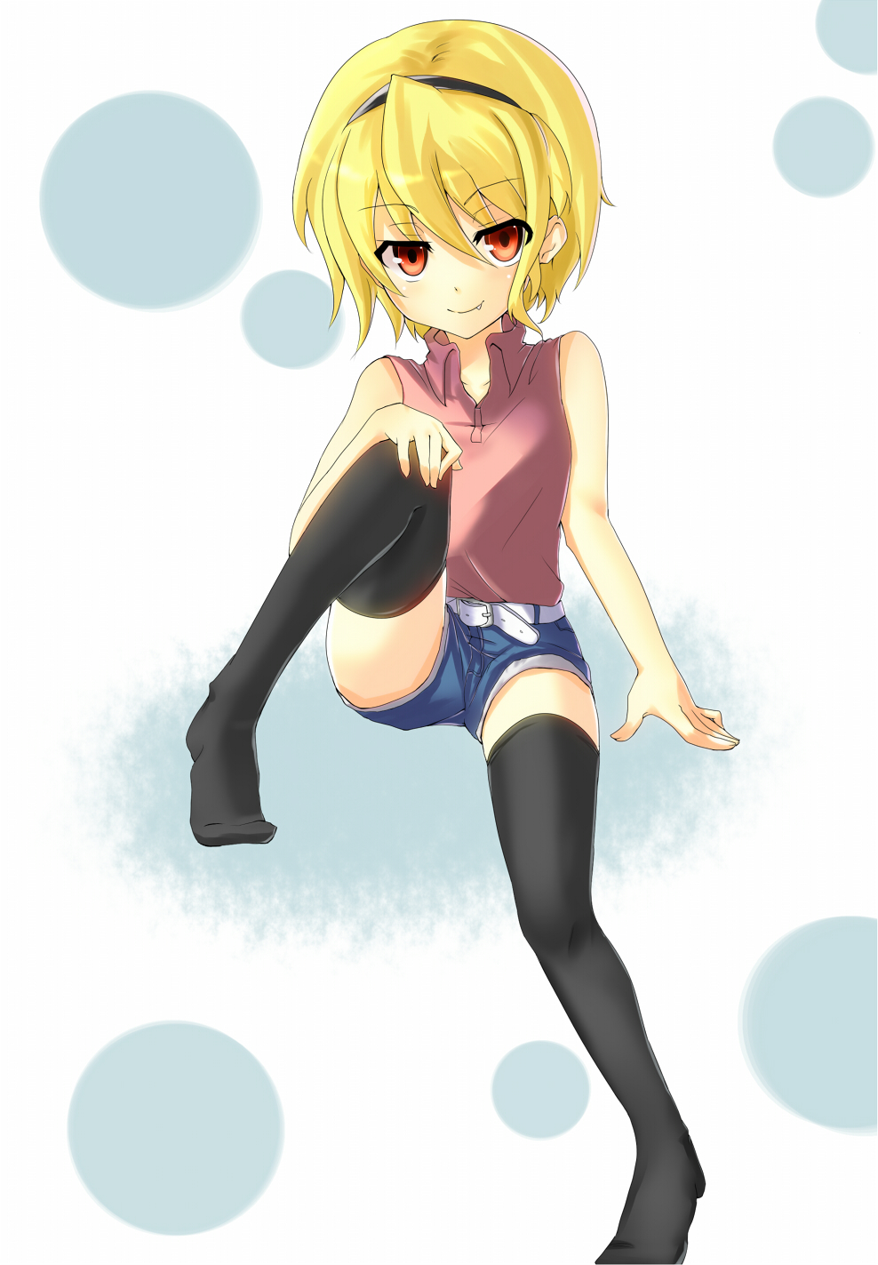 ojaga, houjou satoko, higurashi no naku koro ni, bad id, bad pixiv id, highres, blonde hair, casual, child, fang, hairband, red eyes, short hair, solo, thighhighs