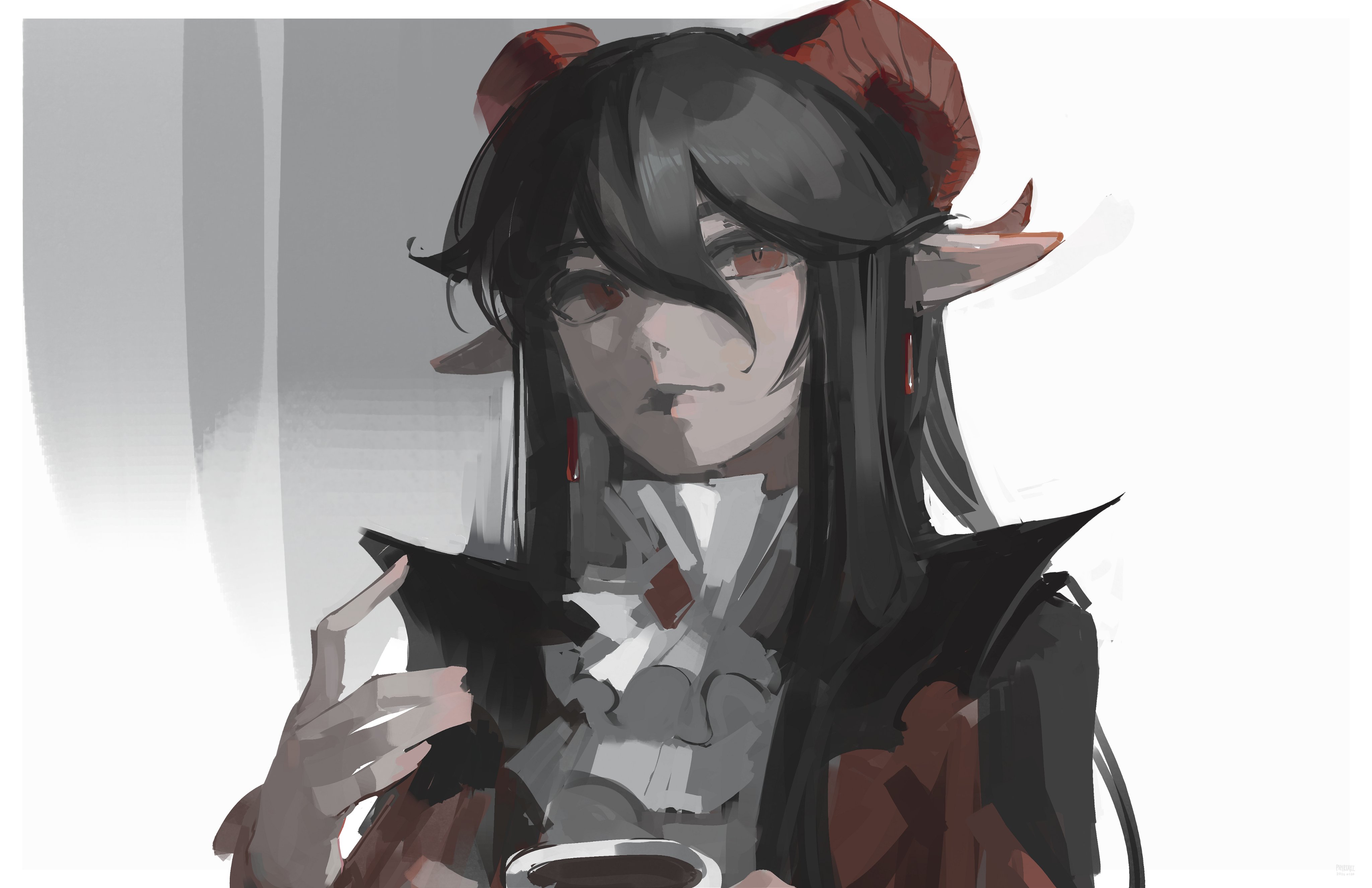 phyriaxi, original, absurdres, commentary, highres, 1girl, ascot, black hair, closed mouth, cup, grey background, hair between eyes, hand up, holding, holding cup, horns, long sidelocks, looking at viewer, pointy ears, red eyes, red horns, sidelocks, simple background, solo, upper body, white ascot, white background