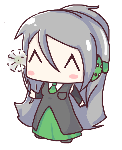 mimiri, miriam (vocaloid), vocaloid, self-upload, 1girl, ^ ^, chibi, closed eyes, dandelion, female focus, flower, happy, no mouth, no nose, simple background, solo