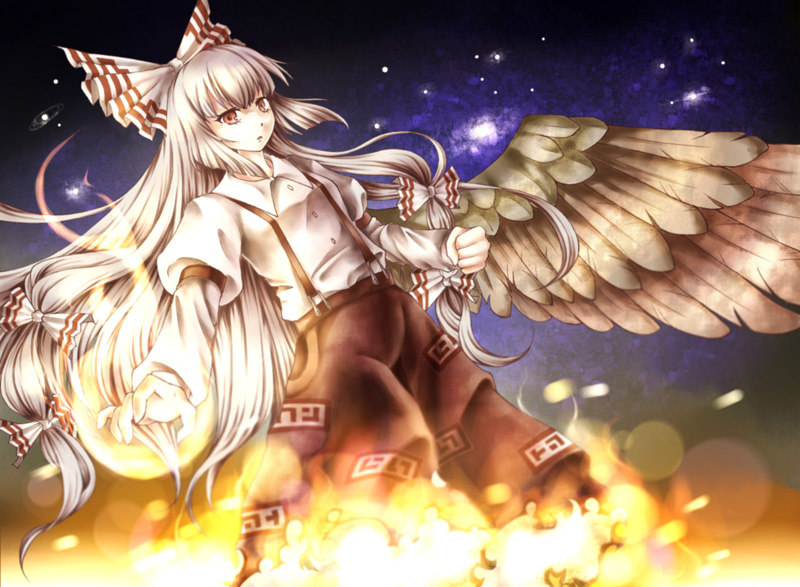 namu (artist), namuko, fujiwara no mokou, touhou, silver hair, 1girl, clenched hand, female focus, fire, hair ribbon, long hair, long sleeves, pants, red eyes, ribbon, single wing, solo, suspenders, wings