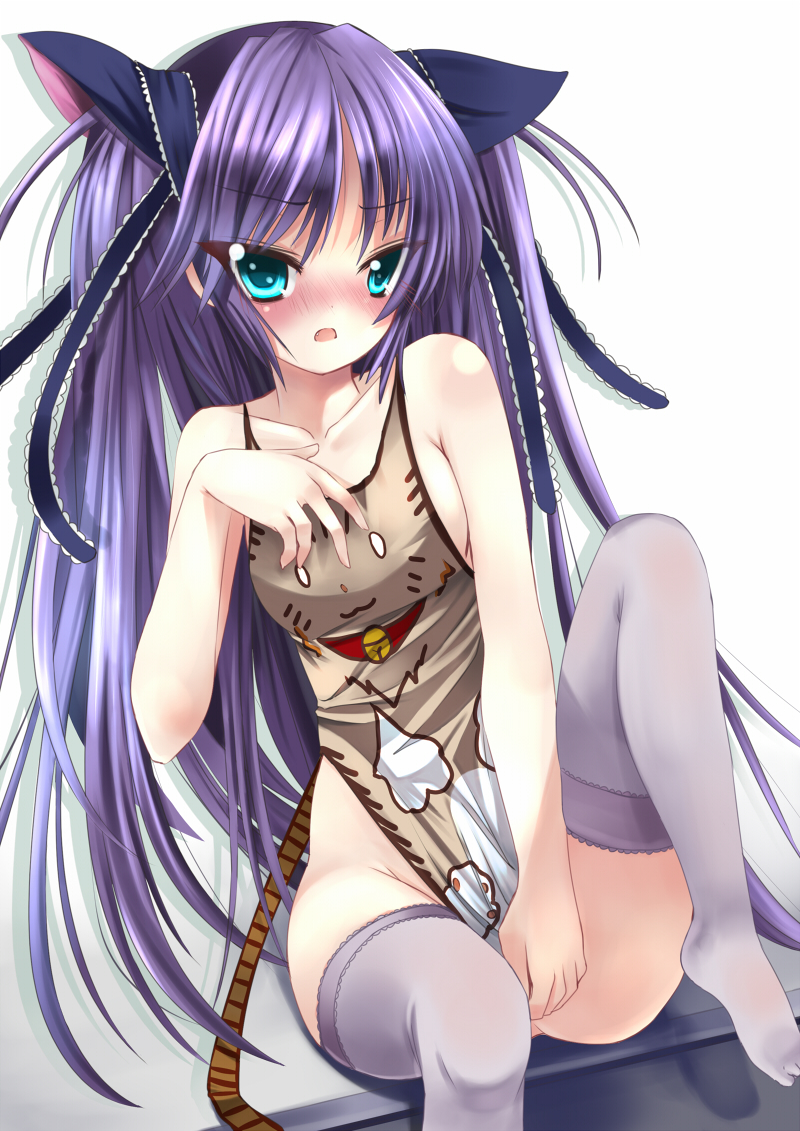 xephonia, sasasegawa sasami, little busters!, 1girl, apron, blue eyes, blush, bottomless, breasts, female focus, long hair, naked apron, no panties, purple hair, ribbon, sideboob, small breasts, solo, tail, thighhighs