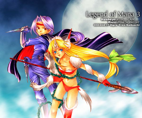 saikachi (ogre tree), fenrir knight, hawkeye (seiken densetsu 3), nightblade (seiken densetsu 3), riesz, seiken densetsu, seiken densetsu 3, bad id, commentary request, 1boy, 1girl, 2002, animal ears, artist name, bikini, black cape, blonde hair, blue bodysuit, blue eyes, bodysuit, bow, breasts, cape, chain, character name, cleavage, collarbone, copyright name, curtained hair, dated, full moon, gloves, green bow, groin, headband, holding, holding kunai, holding polearm, holding weapon, horns, kunai, long hair, low-tied long hair, medium breasts, moon, navel, pelt, polearm, purple hair, red bikini, red cape, red eyes, red gloves, red headband, red thighhighs, single horn, single thighhigh, spear, strapless, strapless bikini, swimsuit, tail, thighhighs, two-sided cape, two-sided fabric, two-tone cape, weapon, wolf ears, wolf tail