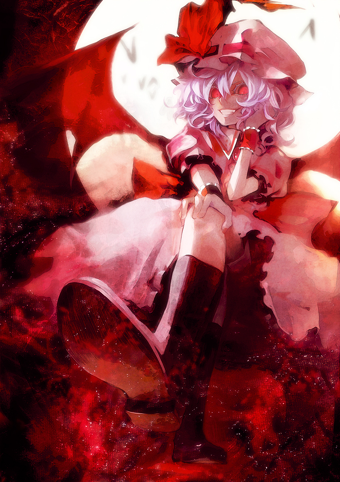 banpai akira, remilia scarlet, touhou, bad id, bad pixiv id, 1girl, boots, fang, feet, female focus, foot focus, foreshortening, full moon, grin, hat, moon, purple hair, red eyes, smile, solo, vampire
