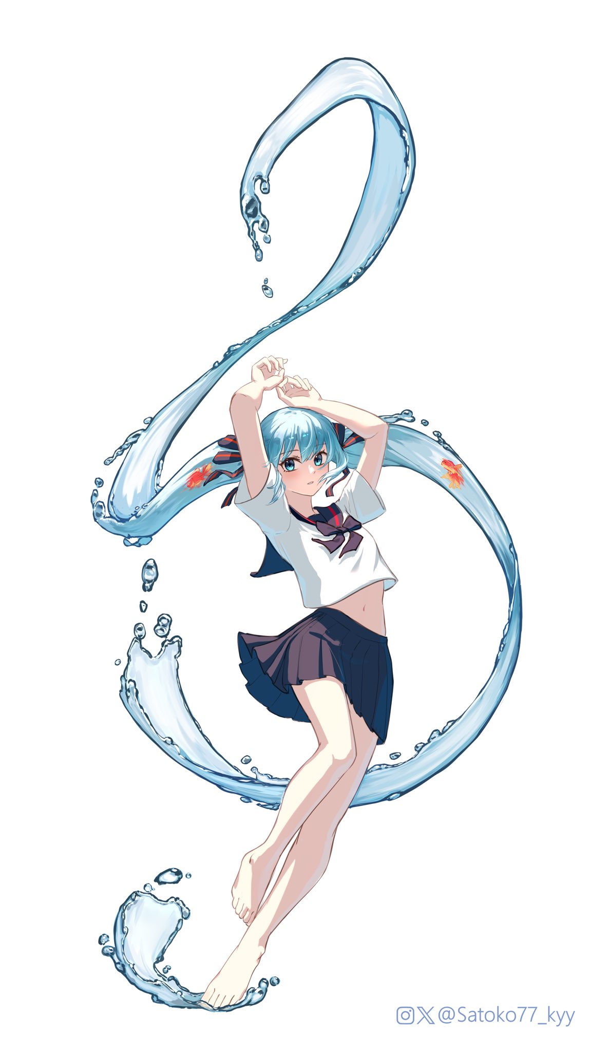 satoko77, bottle miku, hatsune miku, vocaloid, commentary, english commentary, highres, 1girl, absurdly long hair, arms up, barefoot, blue eyes, blue hair, bow, bowtie, crop top, fish, floating hair, full body, goldfish, hair ribbon, liquid hair, long hair, midriff, navel, parted lips, pleated skirt, ribbon, school uniform, serafuku, short sleeves, skirt, solo, treble clef, twitter username, very long hair