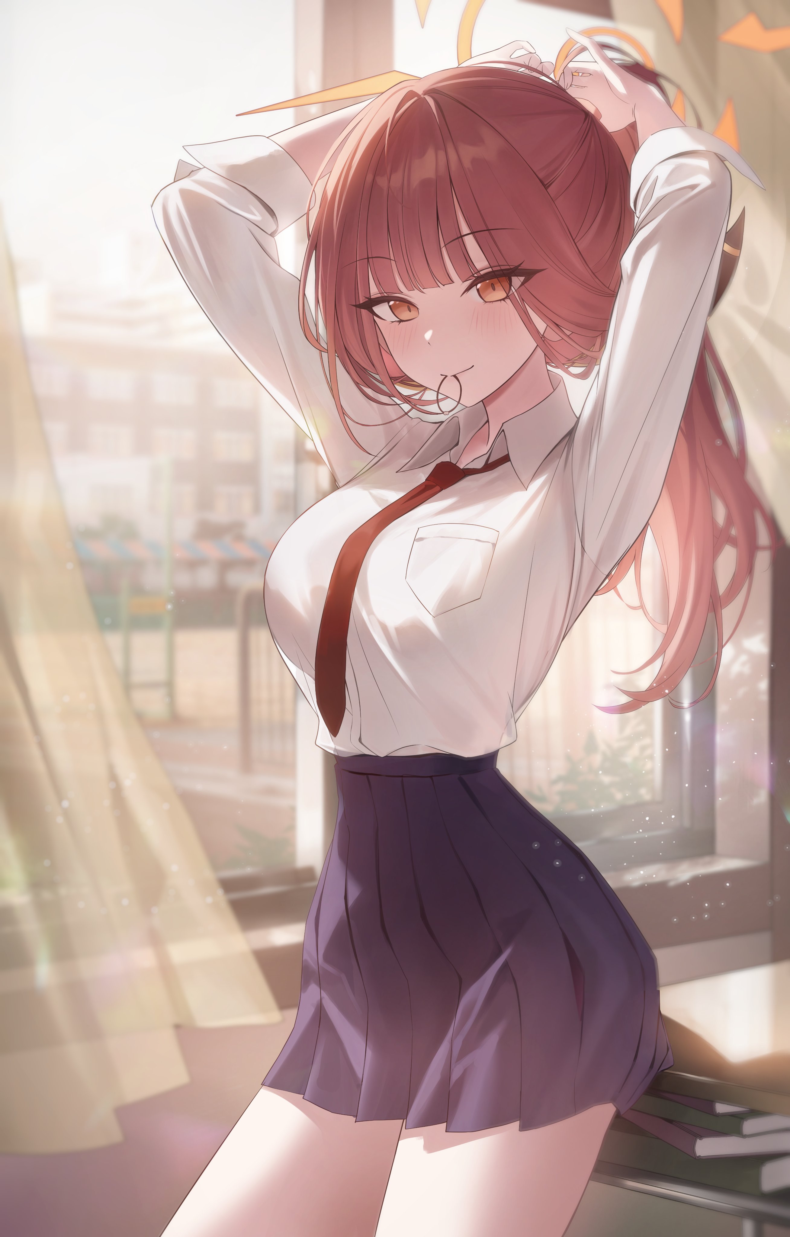 okkimon, aru (blue archive), blue archive, absurdres, commentary, highres, symbol-only commentary, 1girl, arms up, black skirt, blurry, blurry background, book, breast pocket, breasts, closed mouth, collared shirt, cowboy shot, curtains, day, depth of field, desk, hair tie, hair tie in mouth, halo, indoors, large breasts, looking at viewer, miniskirt, mouth hold, necktie, orange halo, pile of books, pleated skirt, pocket, red eyes, red hair, red necktie, school desk, school uniform, shirt, shirt tucked in, skirt, smile, solo, standing, tying hair, white shirt, window, wing collar, wispy bangs