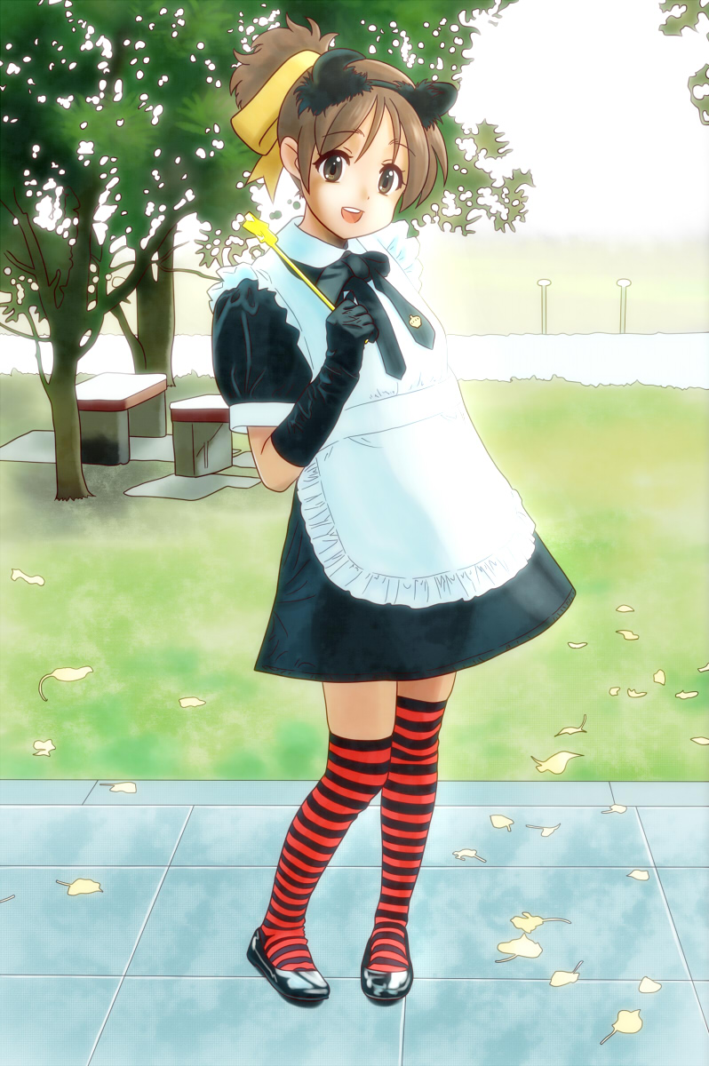 chunpai, hirasawa ui, k-on!, highres, 1girl, alternate costume, brown eyes, brown hair, dress, enmaided, fashion, female focus, full body, gloves, horns, kneehighs, maid, nature, outdoors, ponytail, short hair, socks, solo, striped clothes, striped socks, thighhighs