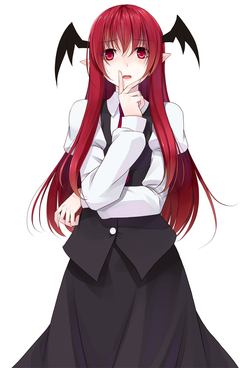 crote, koakuma, touhou, commentary request, highres, large variant set, variant set, 1girl, black skirt, black vest, buttons, collared shirt, cowboy shot, demon wings, furrowed brow, hand on own chin, hand on own face, hand to own mouth, hand up, head wings, long hair, long skirt, long sleeves, looking at viewer, necktie, open mouth, pointy ears, red eyes, red hair, red necktie, shirt, skirt, skirt set, sleeve cuffs, solo, tachi-e, teeth, transparent background, upper teeth only, vest, white shirt, wide-eyed, wings