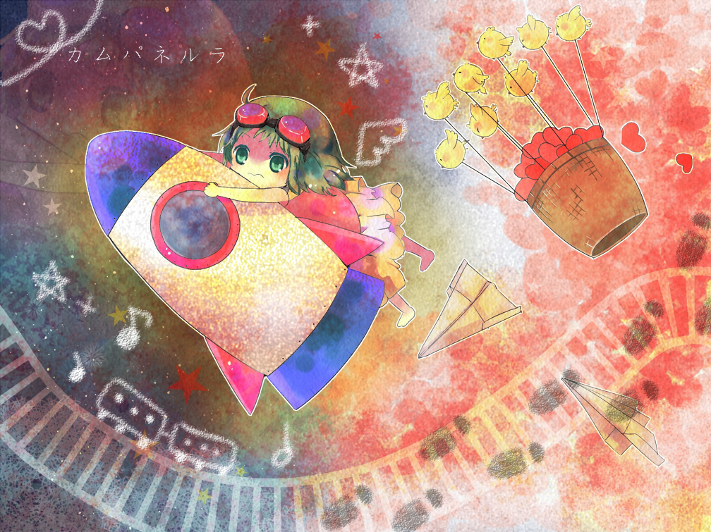 mokorobi, gumi, campanella (vocaloid), vocaloid, bad id, bad pixiv id, 1girl, barefoot, bird, female focus, goggles, goggles on head, green eyes, green hair, heart, matching hair/eyes, musical note, paper airplane, railroad tracks, rocket, rocket ship, solo, spacecraft, train