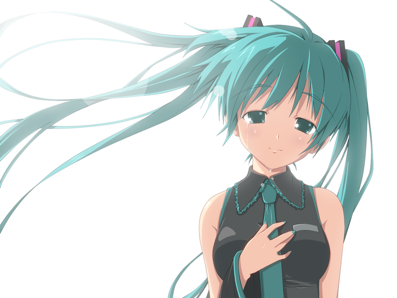 yuzuki kei, hatsune miku, mahou (vocaloid), vocaloid, 1girl, aqua eyes, aqua hair, aqua nails, detached sleeves, female focus, long hair, nail polish, necktie, solo, tears, twintails, wind