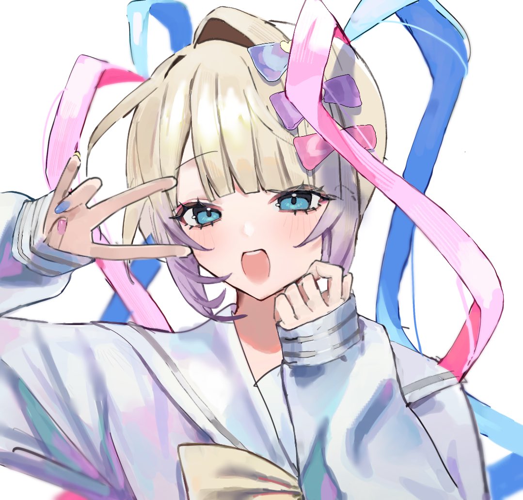nakataa 7, chouzetsusaikawa tenshi-chan, needy girl overdose, hashtag-only commentary, 1girl, blonde hair, blue bow, blue eyes, blue hair, blue shirt, blunt bangs, bow, hair bow, hair ornament, hands up, heart, heart hair ornament, long hair, long sleeves, looking at viewer, multicolored hair, multiple hair bows, nail polish, open mouth, pink bow, pink hair, purple bow, quad tails, sailor collar, shirt, sleeves past wrists, smile, solo, v, v over eye, yellow bow