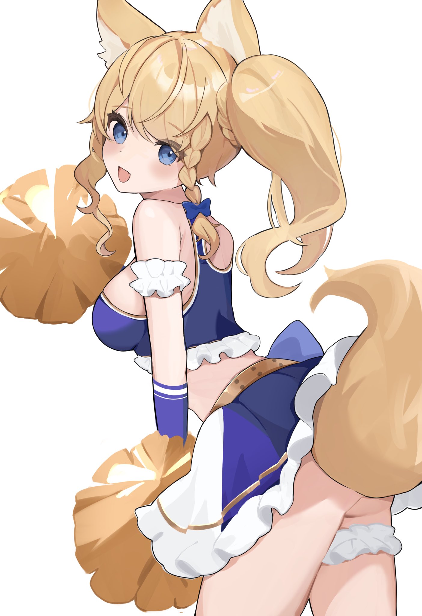 etoria, indie virtual youtuber, commentary request, commission, highres, skeb commission, 1girl, animal ears, arm scrunchie, bare shoulders, blonde hair, blue eyes, blue skirt, braid, braided sidelock, breasts, cheerleader, crop top, large breasts, long hair, looking at viewer, open mouth, pom pom (cheerleading), scrunchie, side ponytail, simple background, skirt, sleeveless, solo, thigh strap, virtual youtuber, white background, white scrunchie