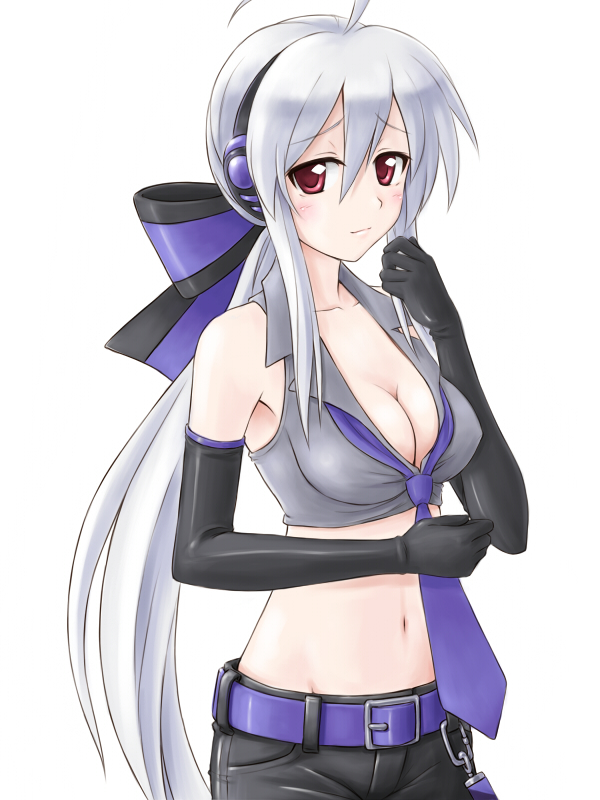 satogo, yowane haku, vocaloid, silver hair, 1girl, adjusting hair, ahoge, bare shoulders, belt, breasts, cleavage, elbow gloves, female focus, gloves, hair ribbon, headset, large breasts, latex, latex gloves, long hair, midriff, navel, necktie, ponytail, red eyes, ribbon, simple background, solo, very long hair