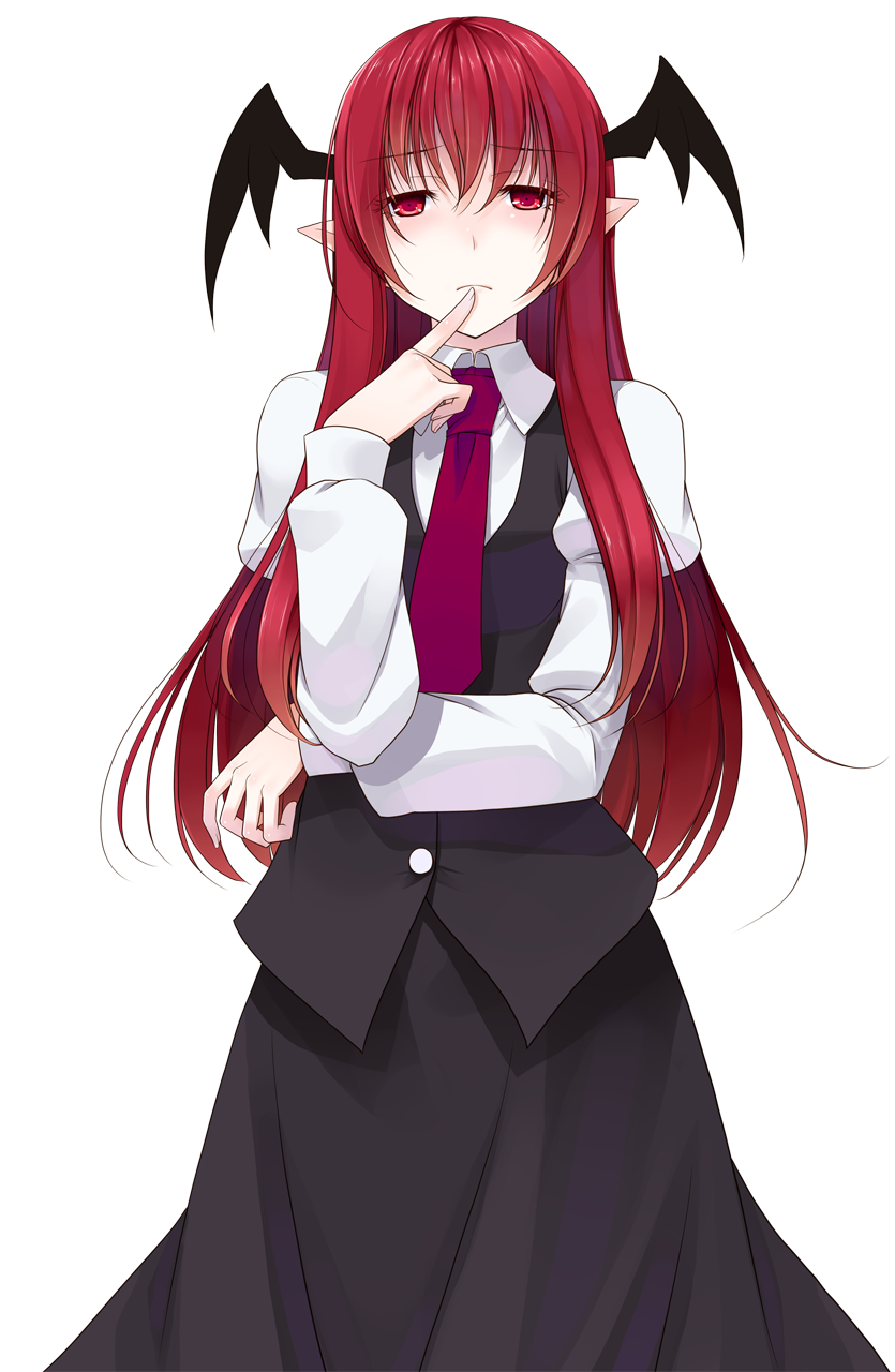 crote, koakuma, touhou, commentary request, highres, large variant set, variant set, 1girl, black skirt, black vest, buttons, closed mouth, collared shirt, cowboy shot, demon wings, furrowed brow, half-closed eyes, hand on own chin, hand on own face, hand to own mouth, hand up, head wings, long hair, long skirt, long sleeves, looking at viewer, necktie, pointy ears, red eyes, red hair, red necktie, shirt, skirt, skirt set, sleeve cuffs, solo, tachi-e, transparent background, vest, white shirt, wings
