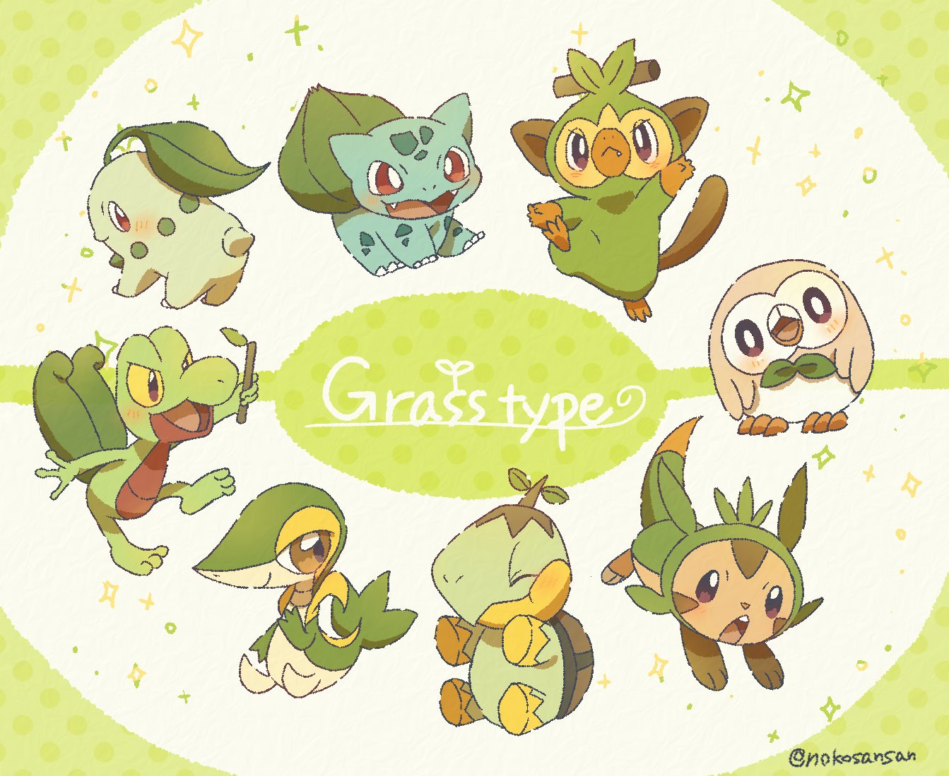 roku (rokkrn), bulbasaur, chespin, chikorita, grookey, rowlet, snivy, treecko, turtwig, nintendo, pokemon, black eyes, blush, bright pupils, brown eyes, claws, english text, fang, fangs, full body, gen 1 pokemon, gen 2 pokemon, gen 3 pokemon, gen 4 pokemon, gen 5 pokemon, gen 6 pokemon, gen 7 pokemon, gen 8 pokemon, happy, holding, holding stick, no humans, open mouth, pokemon (creature), red eyes, stick, white pupils