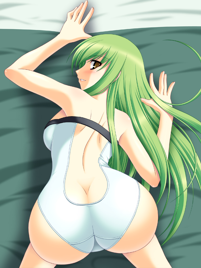 abu, c.c., code geass, 1girl, all fours, ass, back, bed, bed sheet, blush, breasts, butt crack, female focus, from above, green hair, long hair, looking back, smile, solo, swimsuit, top-down bottom-up, yellow eyes