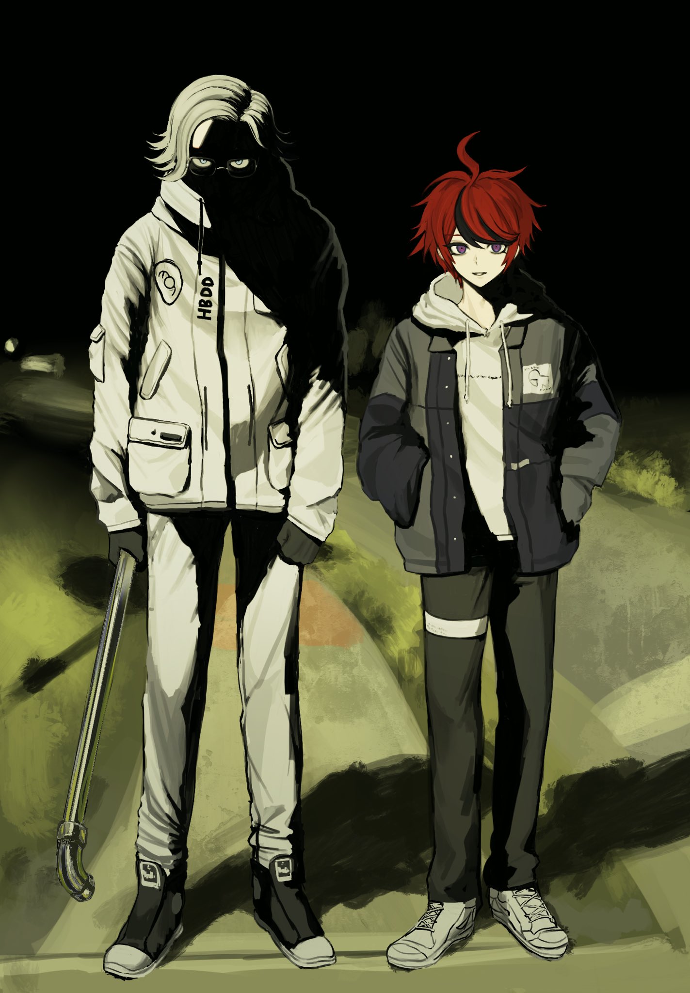 aotsuki eito, sumino takumi, the hundred line -last defense academy-, hashtag-only commentary, highres, 2boys, black gloves, black pants, black shoes, gloves, grey eyes, grey hair, hands in pockets, holding, hood, hood down, hoodie, jacket, lead pipe, long sleeves, looking at viewer, male focus, meme, multicolored hair, multiple boys, night, open clothes, open jacket, outdoors, pants, parted lips, partially shaded face, porio, red hair, shoes, sneakers, standing, streaked hair, white hoodie, white jacket, white pants, white shoes, why dis ninja look so mad (meme)