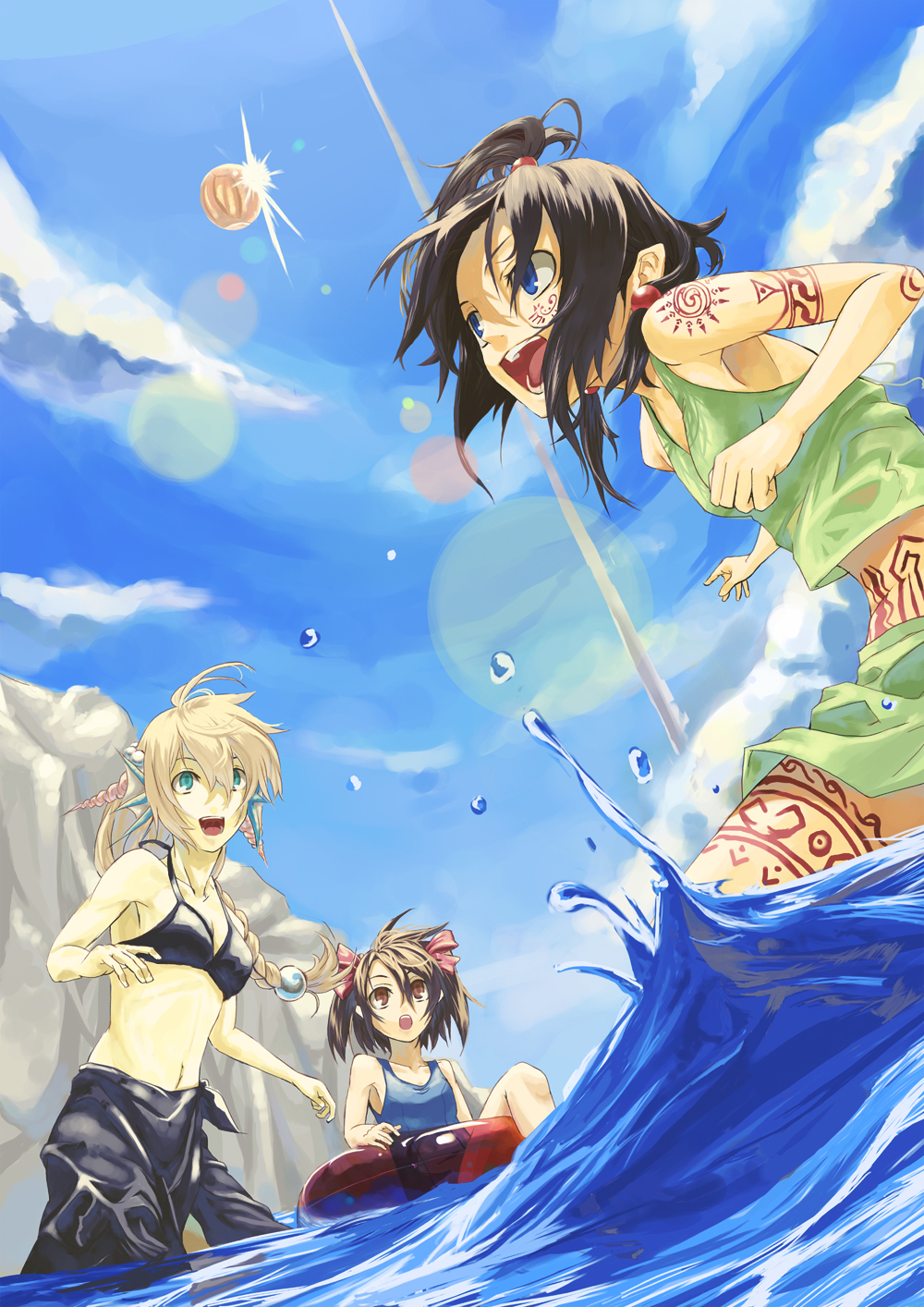 mizore aki hiroshi, mizore akihiro, original, highres, 3girls, animal ears, ball, beachball, bikini, bikini top only, cloud, day, dutch angle, fins, from below, head fins, high ponytail, innertube, midriff, multiple girls, ocean, one-piece swimsuit, open mouth, outdoors, ponytail, sarong, school swimsuit, sky, splashing, swim ring, swimsuit, tank top, tattoo, water