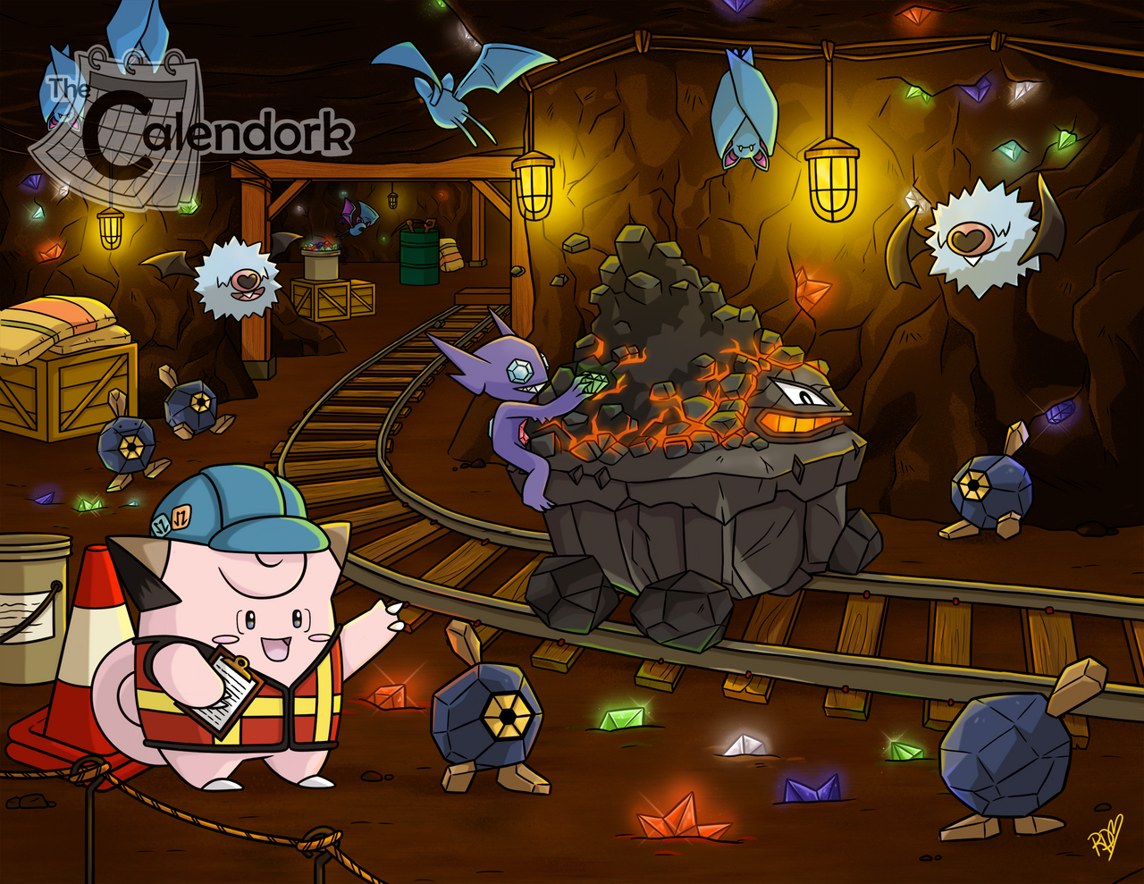 thecalendork, carkol, clefairy, ditto, roggenrola, sableye, transformed ditto, woobat, zubat, nintendo, pokemon, pokemon swsh, commentary, english commentary, artist name, bag, blue helmet, blush, blush stickers, bucket, cave interior, clipboard, clothed pokemon, coal, crate, drum (container), fang, flying, gem, gen 1 pokemon, gen 3 pokemon, gen 5 pokemon, gen 8 pokemon, hanging light, hard hat, helmet, high-visibility clothing, high-visibility vest, holding, holding clipboard, holding gem, in-universe location, mineshaft, no humans, open mouth, orange vest, pokemon (creature), pokemon focus, railroad tracks, riding, riding pokemon, rope, sharp teeth, smile, teeth, traffic cone, upside-down, vest, watermark